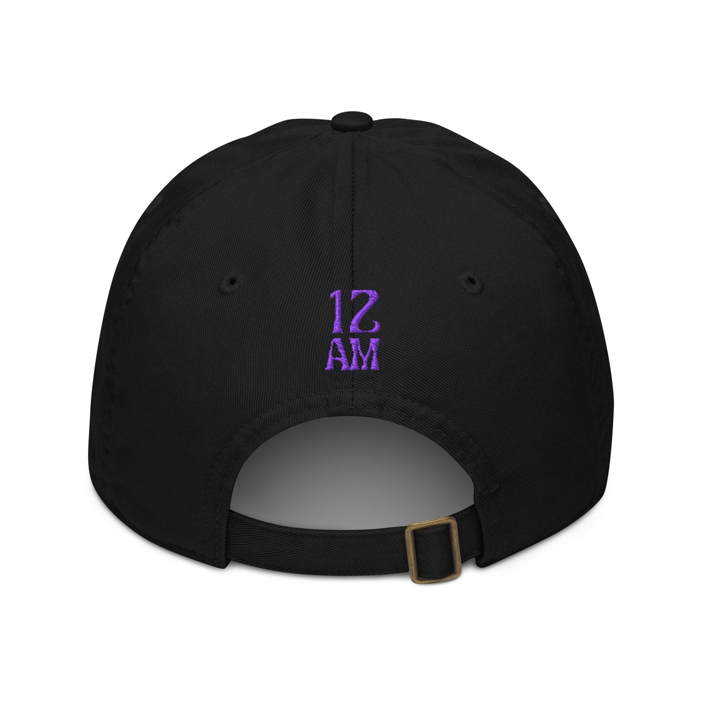 Black dad hat embroidered with "FLAMER" in red blackletter script, the M styled as a devil's pitchfork — a 12:AM Intuition reclamation design. Back view with 12AM logo.