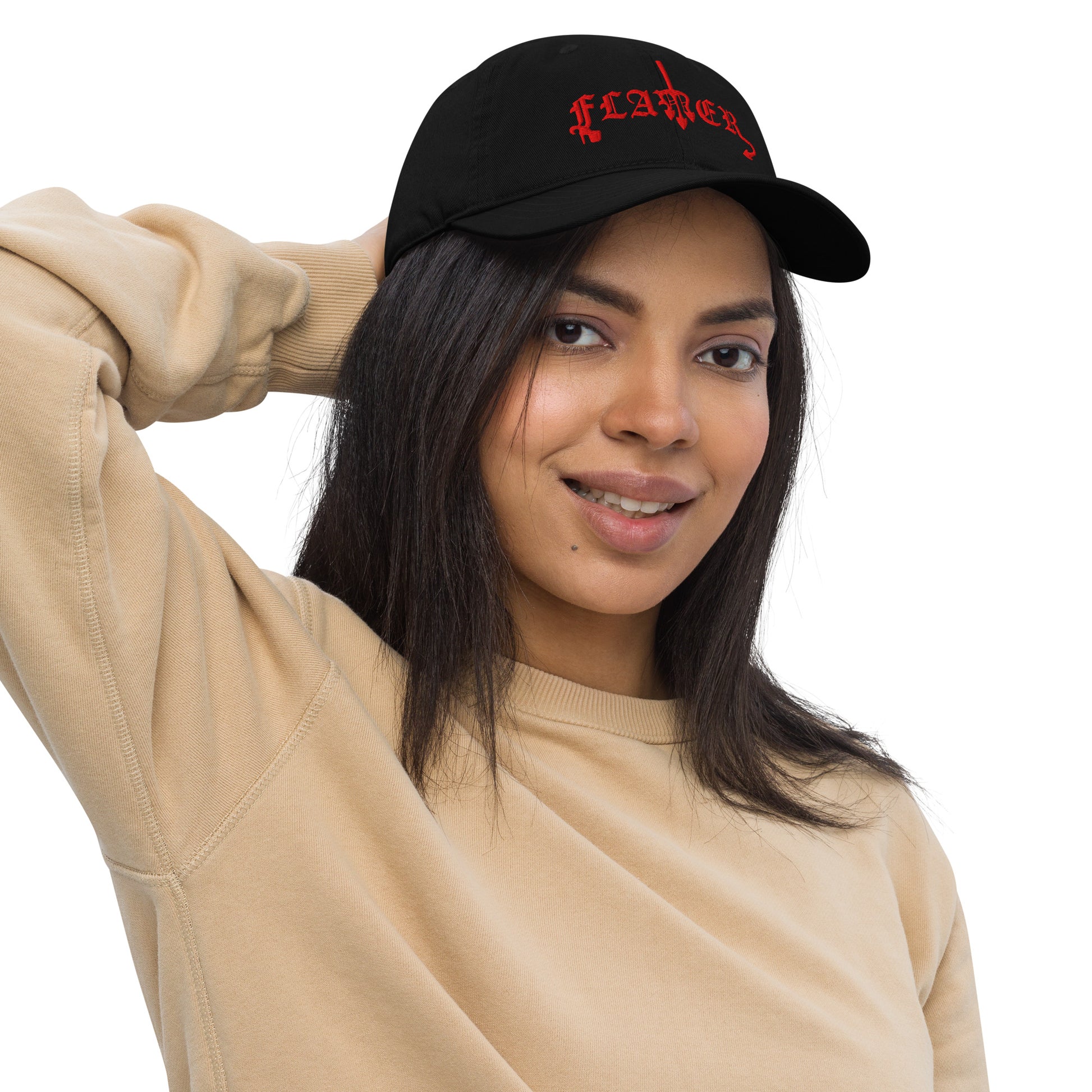 Black dad hat embroidered with "FLAMER" in red blackletter script, the M styled as a devil's pitchfork — a 12:AM Intuition reclamation design. On model.