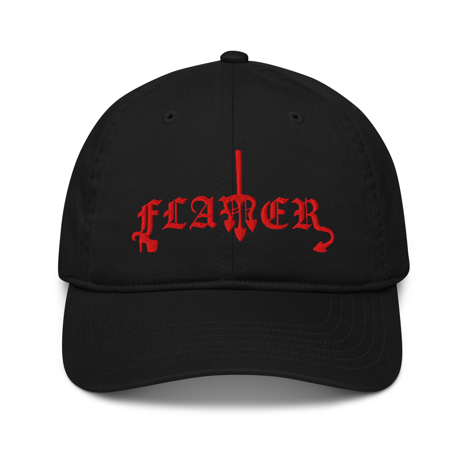 Black dad hat embroidered with "FLAMER" in red blackletter script, the M styled as a devil's pitchfork — a 12:AM Intuition reclamation design.