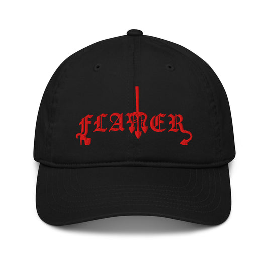 Black dad hat embroidered with "FLAMER" in red blackletter script, the M styled as a devil's pitchfork — a 12:AM Intuition reclamation design.