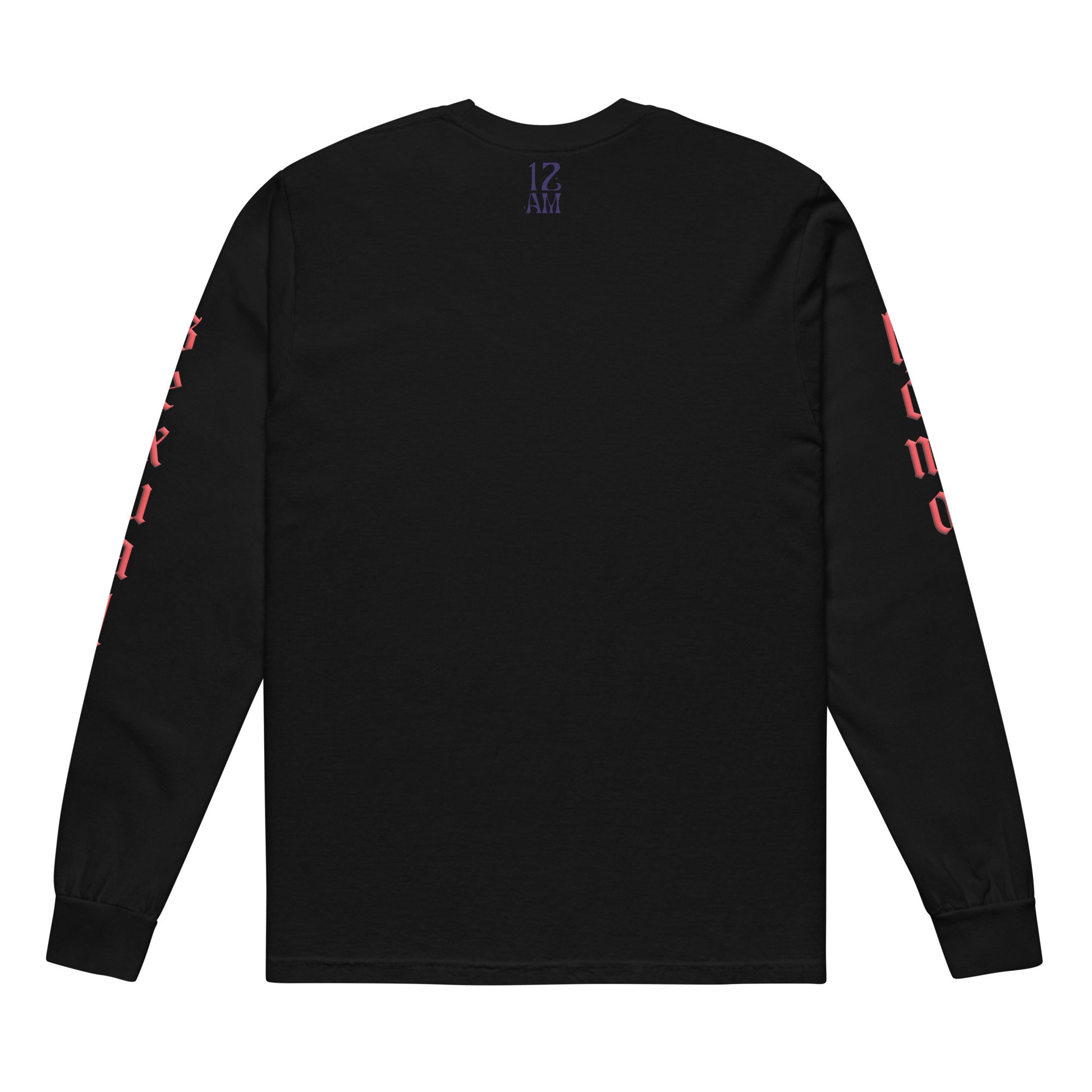 Black long-sleeved "FLAMER" in red blackletter, illustrated script, the M styled as a devil's pitchfork — a 12:AM Intuition reclamation of a slur, designed to go all out. Down the right arm reads "homo", down the left arm reads "sexual". Back of shirt. 