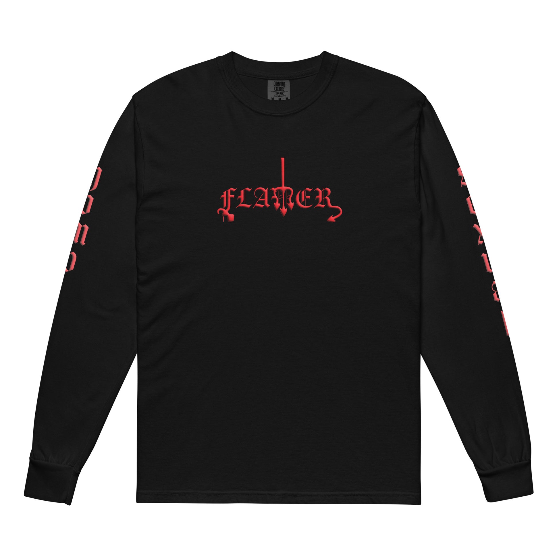 Black long-sleeved shirt "FLAMER" in red blackletter, illustrated script, the M styled as a devil's pitchfork — a 12:AM Intuition reclamation of a slur, designed to go all out. Down the right arm reads "homo", down the left arm reads "sexual".