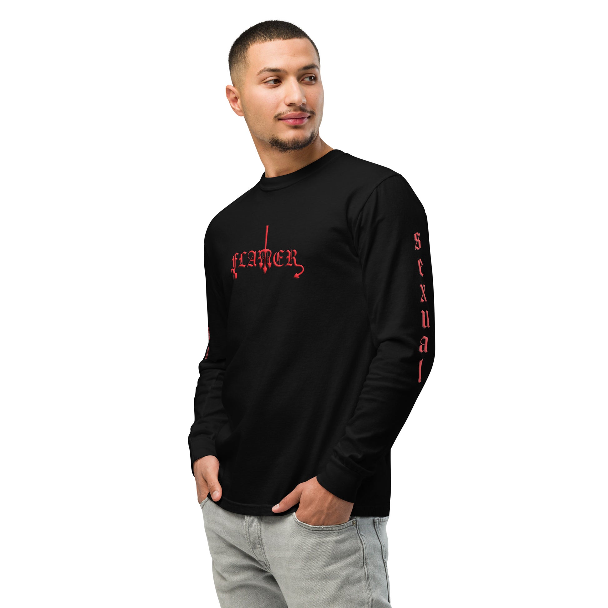 Black long-sleeved shirt "FLAMER" in red blackletter, illustrated script, the M styled as a devil's pitchfork — a 12:AM Intuition reclamation of a slur, designed to go all out. Down the right arm reads "homo", down the left arm reads "sexual". On model.