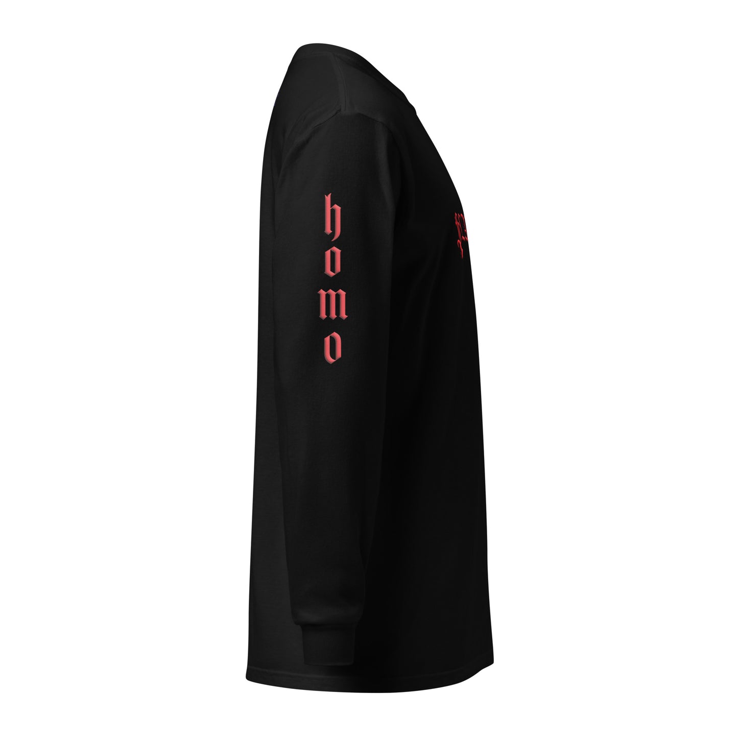 Black long-sleeved "FLAMER" in red blackletter, illustrated script, the M styled as a devil's pitchfork — a 12:AM Intuition reclamation of a slur, designed to go all out. Down the right arm reads "homo", down the left arm reads "sexual". Side view, reads "homo".