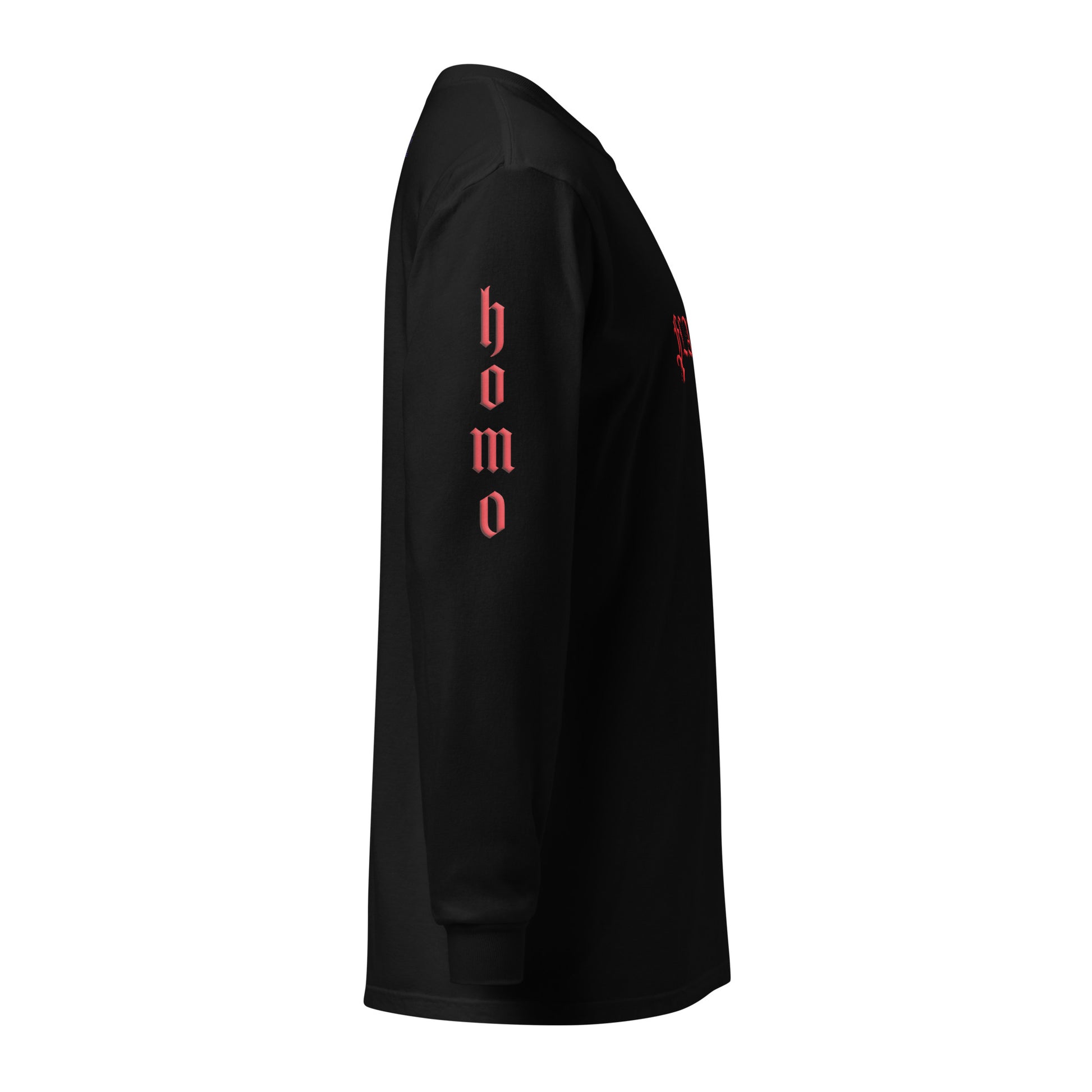 Black long-sleeved "FLAMER" in red blackletter, illustrated script, the M styled as a devil's pitchfork — a 12:AM Intuition reclamation of a slur, designed to go all out. Down the right arm reads "homo", down the left arm reads "sexual". Side view, reads "homo".