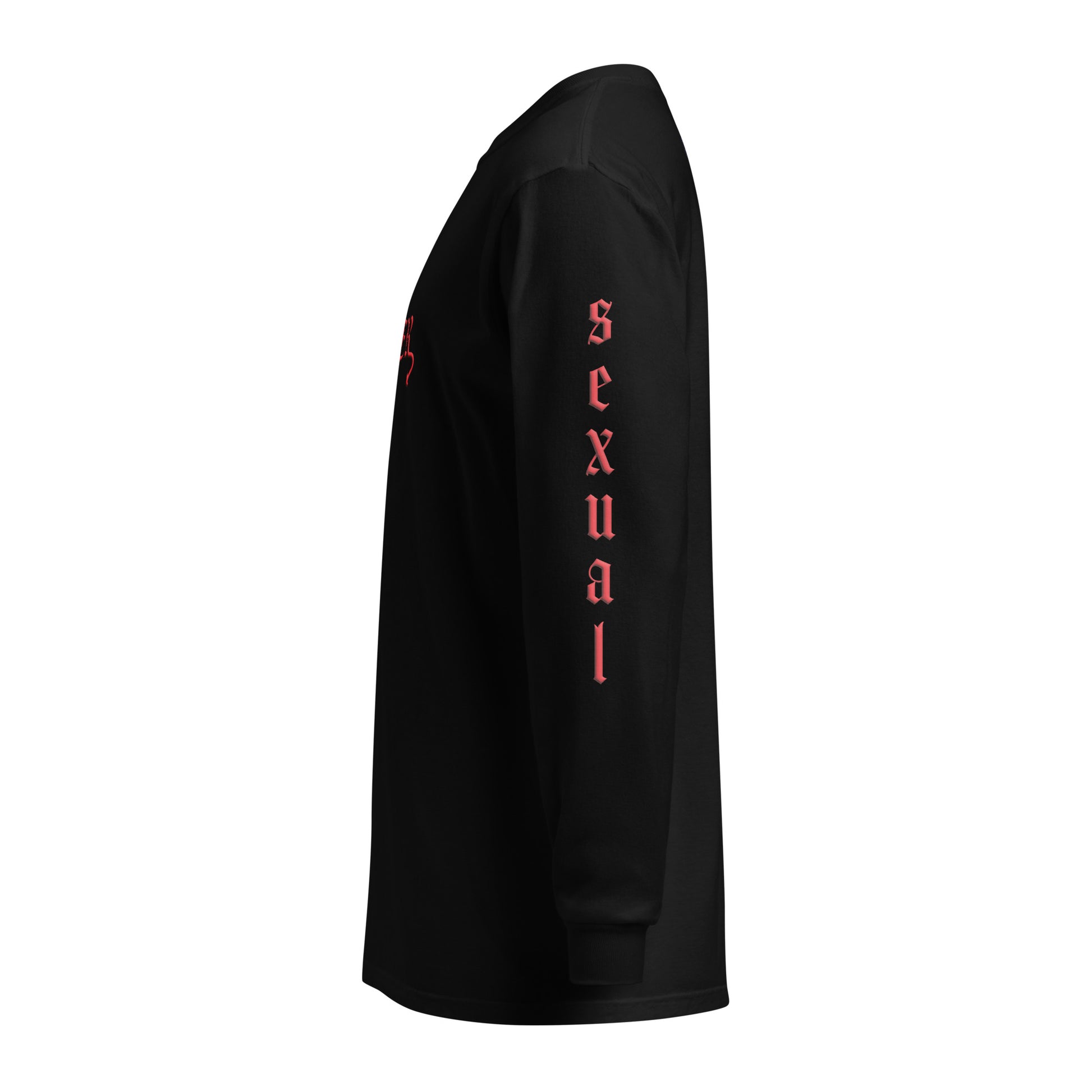 Black long-sleeved "FLAMER" in red blackletter, illustrated script, the M styled as a devil's pitchfork — a 12:AM Intuition reclamation of a slur, designed to go all out. Down the right arm reads "homo", down the left arm reads "sexual". Side view, reads "sexual".
