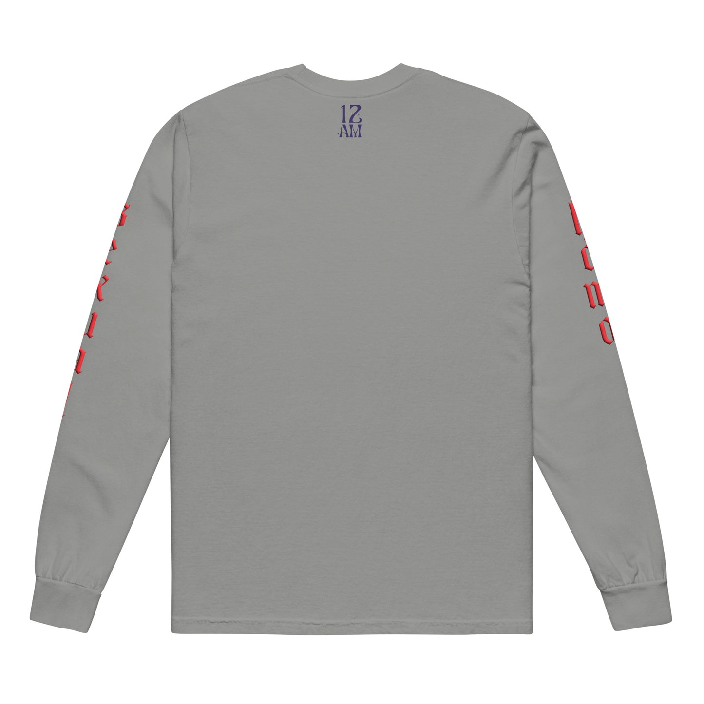 Grey long-sleeved "FLAMER" in red blackletter, illustrated script, the M styled as a devil's pitchfork — a 12:AM Intuition reclamation of a slur, designed to go all out. Down the right arm reads "homo", down the left arm reads "sexual". Back of shirt.