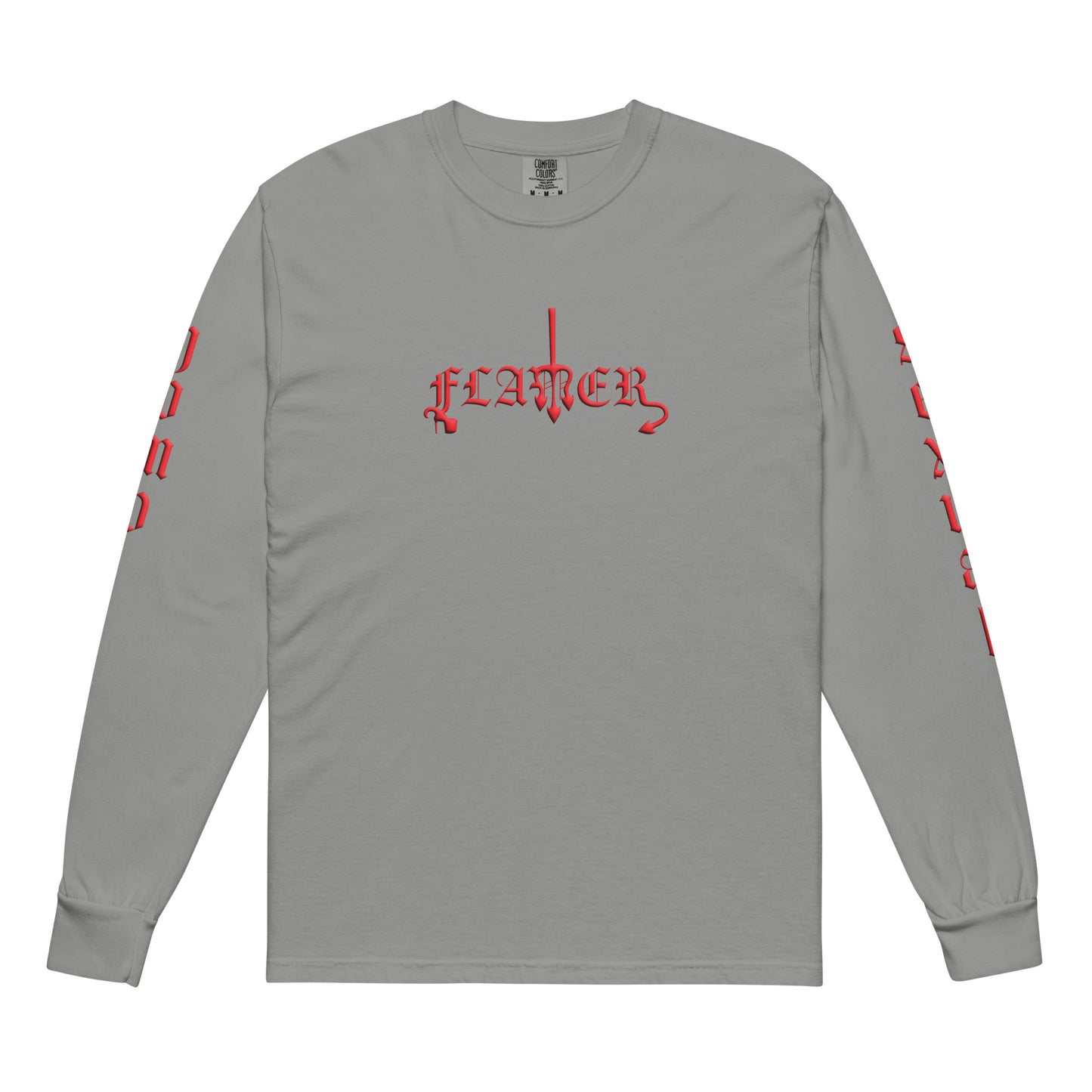 Grey long-sleeved "FLAMER" in red blackletter, illustrated script, the M styled as a devil's pitchfork — a 12:AM Intuition reclamation of a slur, designed to go all out. Down the right arm reads "homo", down the left arm reads "sexual".
