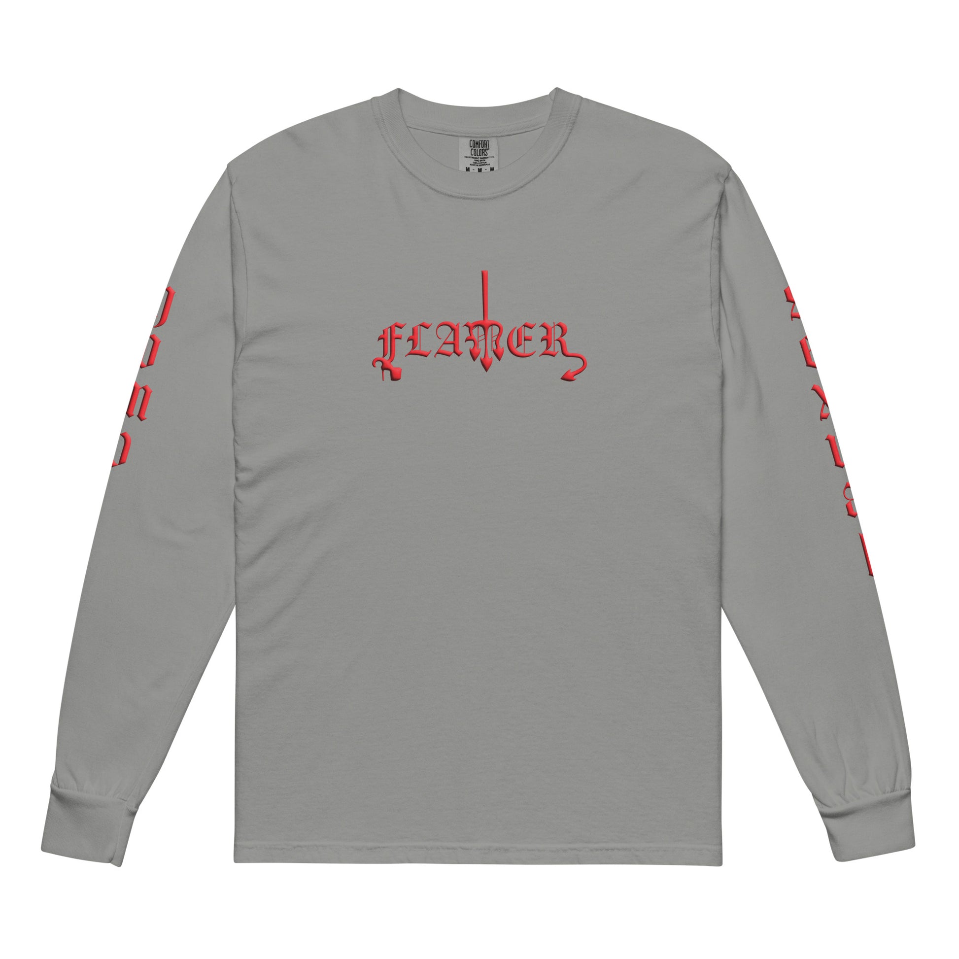 Grey long-sleeved "FLAMER" in red blackletter, illustrated script, the M styled as a devil's pitchfork — a 12:AM Intuition reclamation of a slur, designed to go all out. Down the right arm reads "homo", down the left arm reads "sexual".