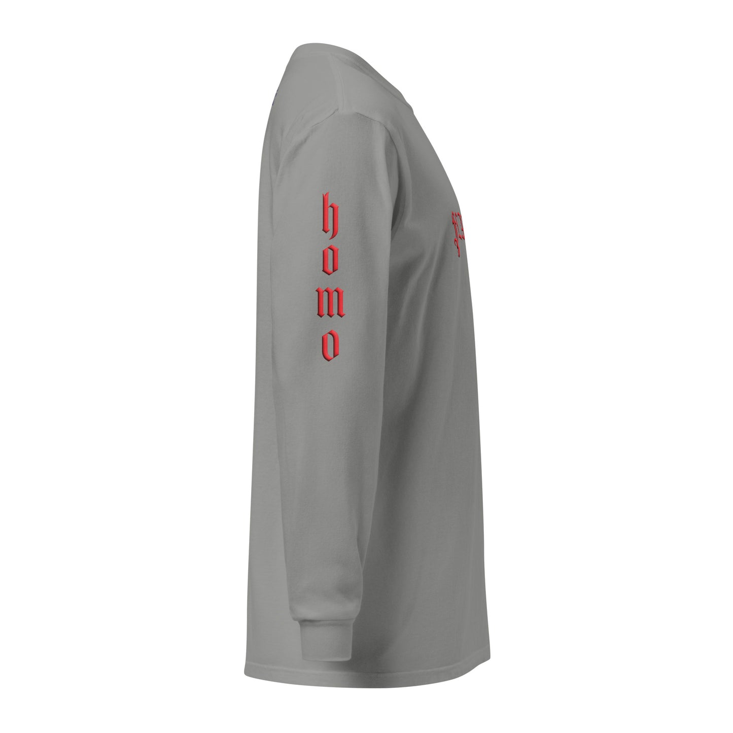 Grey long-sleeved "FLAMER" in red blackletter, illustrated script, the M styled as a devil's pitchfork — a 12:AM Intuition reclamation of a slur, designed to go all out. Down the right arm reads "homo", down the left arm reads "sexual". Side view, reads "homo".