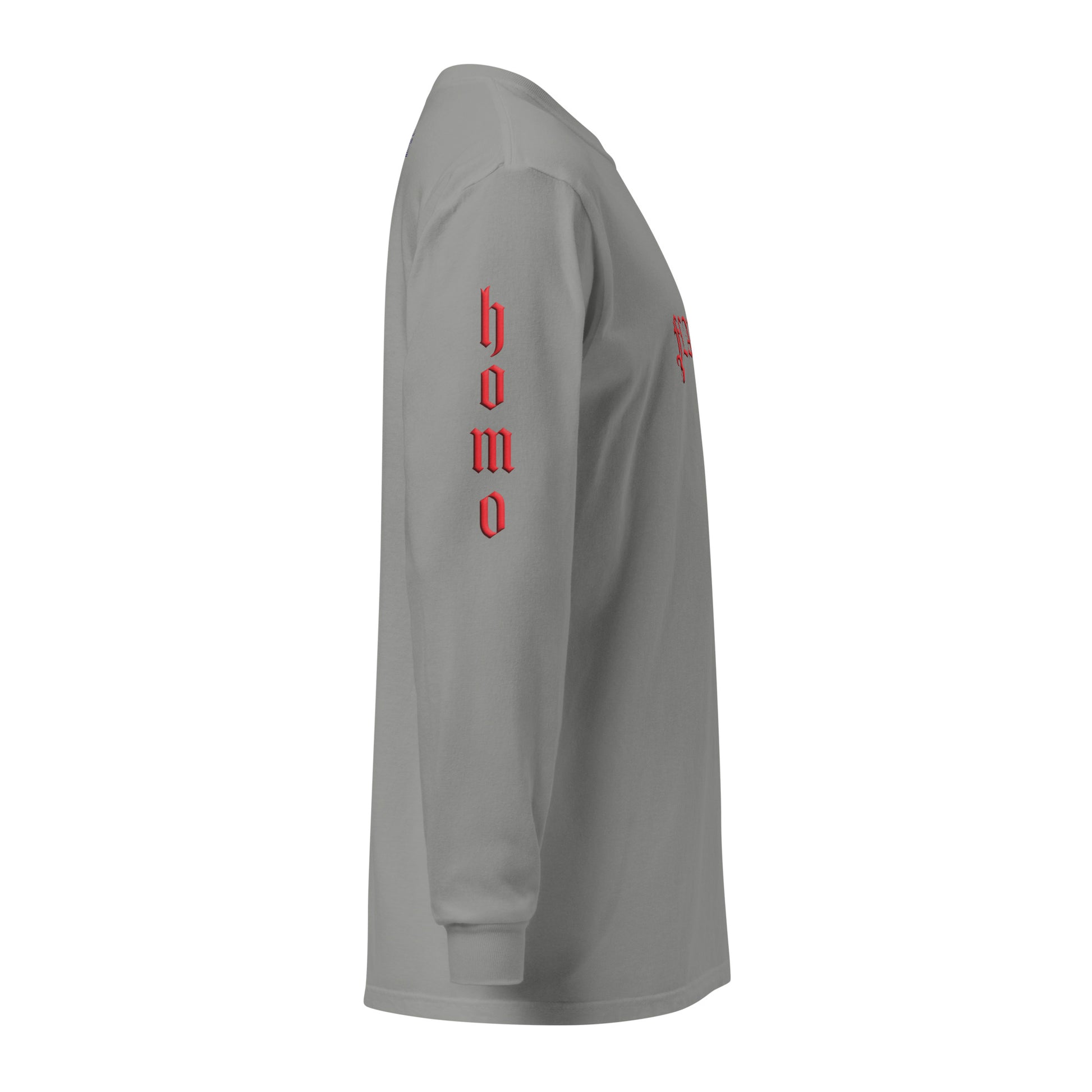 Grey long-sleeved "FLAMER" in red blackletter, illustrated script, the M styled as a devil's pitchfork — a 12:AM Intuition reclamation of a slur, designed to go all out. Down the right arm reads "homo", down the left arm reads "sexual". Side view, reads "homo".