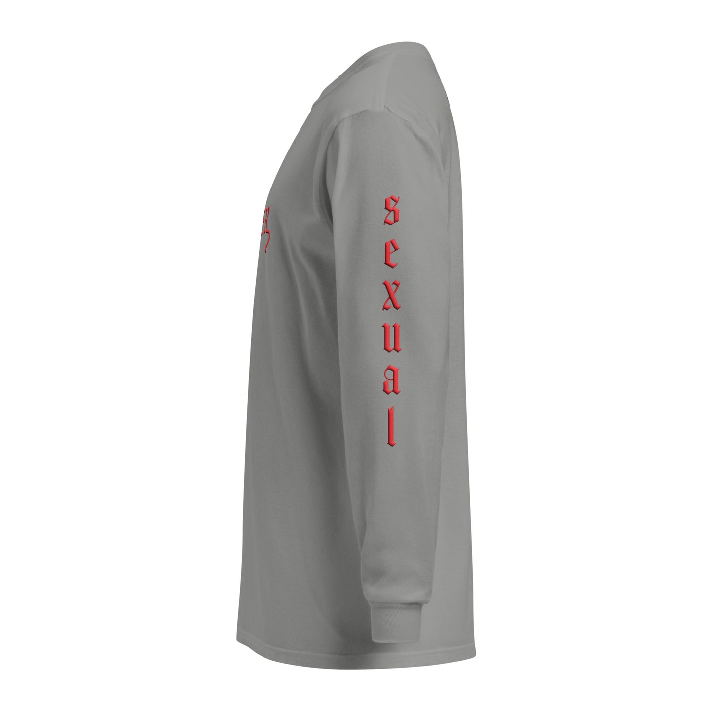 Grey long-sleeved "FLAMER" in red blackletter, illustrated script, the M styled as a devil's pitchfork — a 12:AM Intuition reclamation of a slur, designed to go all out. Down the right arm reads "homo", down the left arm reads "sexual". Side view, reads "sexual".