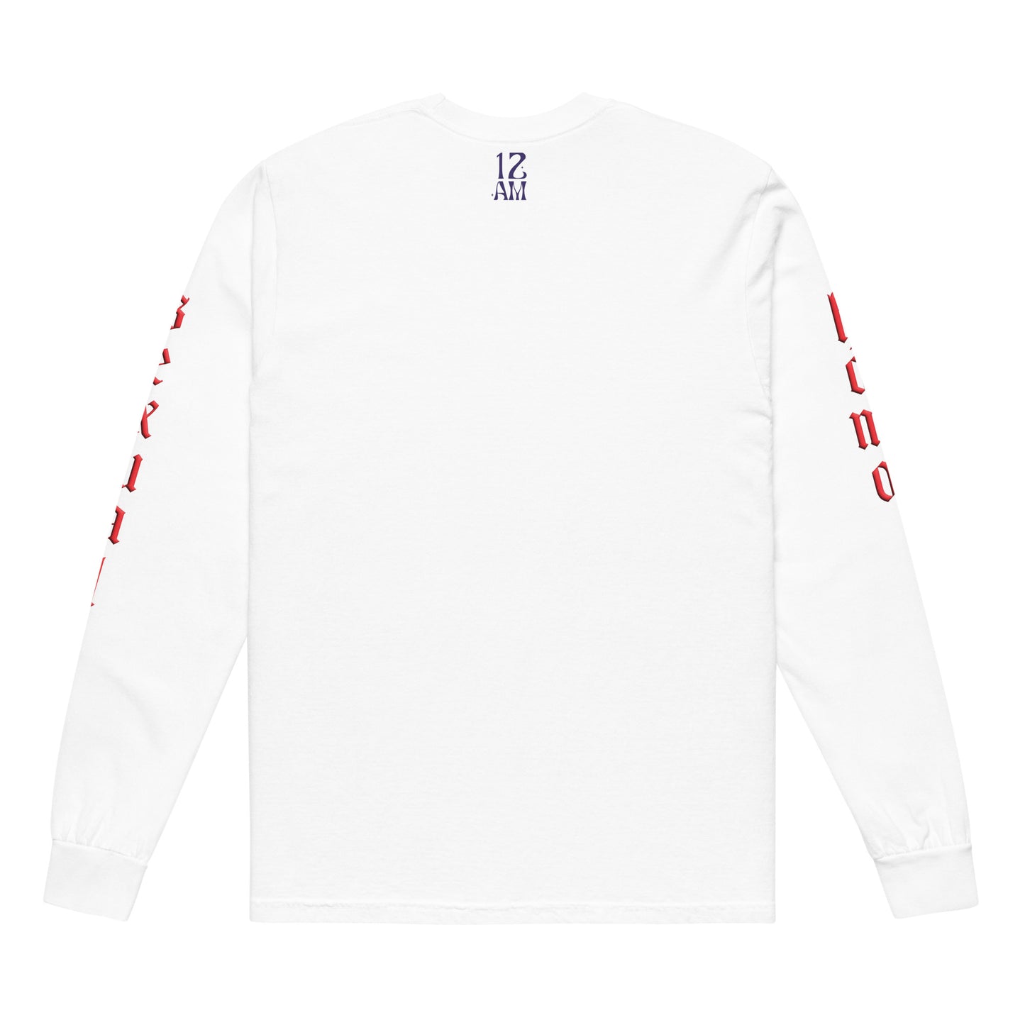 White long-sleeved "FLAMER" in red blackletter, illustrated script, the M styled as a devil's pitchfork — a 12:AM Intuition reclamation of a slur, designed to go all out. Down the right arm reads "homo", down the left arm reads "sexual". Back of shirt.