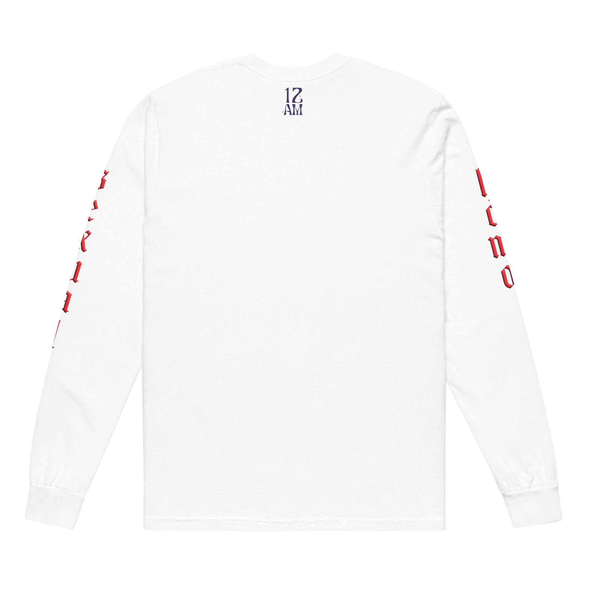 White long-sleeved "FLAMER" in red blackletter, illustrated script, the M styled as a devil's pitchfork — a 12:AM Intuition reclamation of a slur, designed to go all out. Down the right arm reads "homo", down the left arm reads "sexual". Back of shirt.
