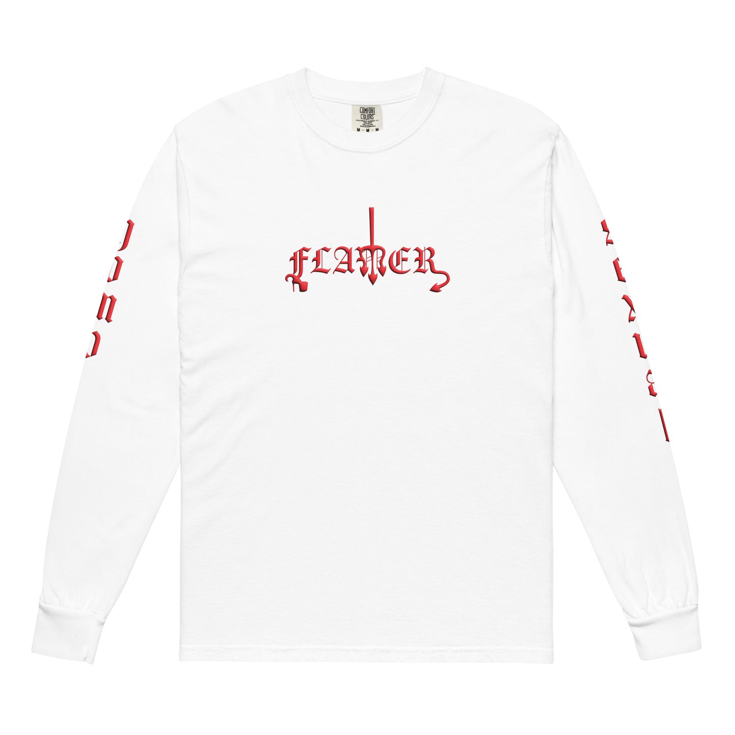 White long-sleeved "FLAMER" in red blackletter, illustrated script, the M styled as a devil's pitchfork — a 12:AM Intuition reclamation of a slur, designed to go all out. Down the right arm reads "homo", down the left arm reads "sexual".