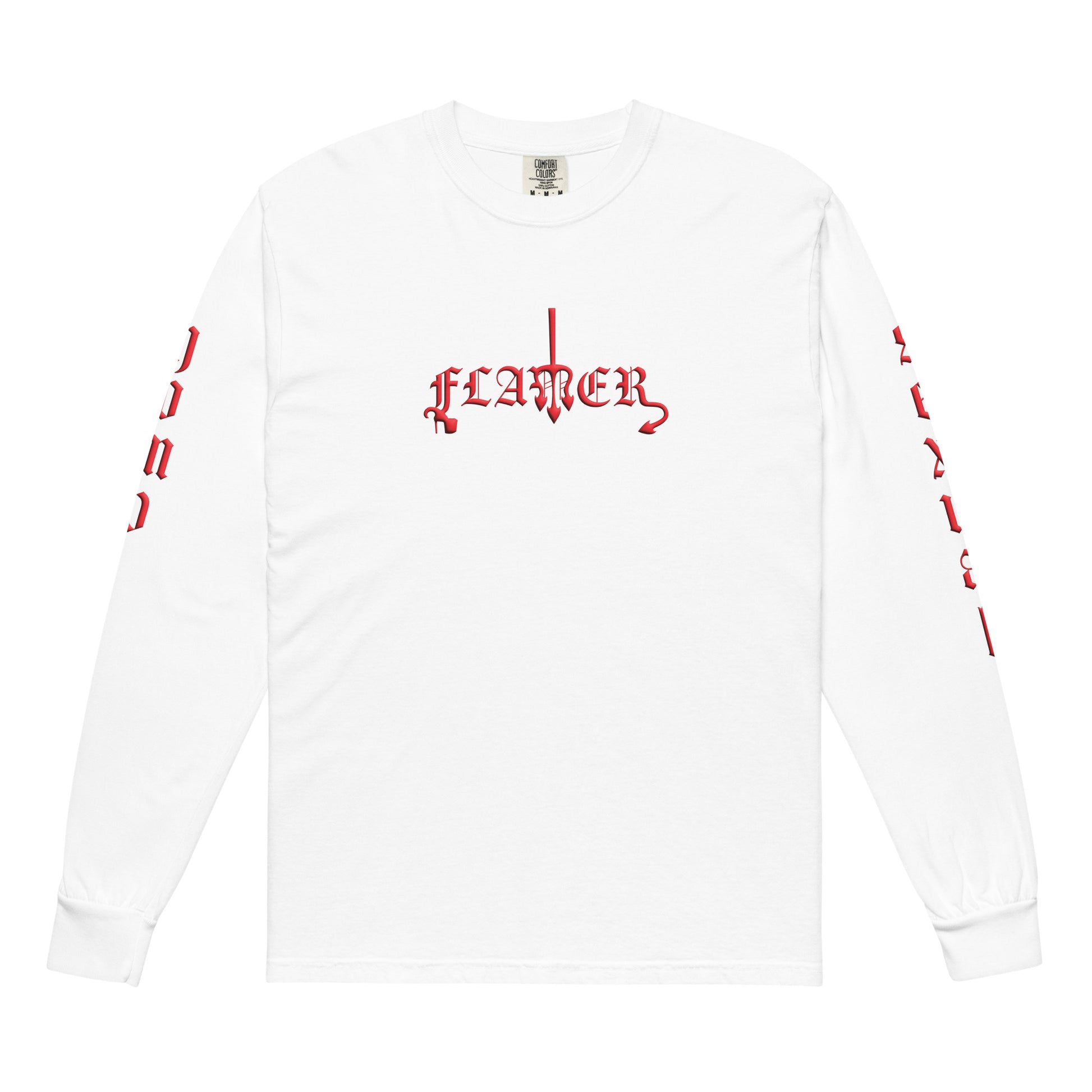 White long-sleeved "FLAMER" in red blackletter, illustrated script, the M styled as a devil's pitchfork — a 12:AM Intuition reclamation of a slur, designed to go all out. Down the right arm reads "homo", down the left arm reads "sexual".