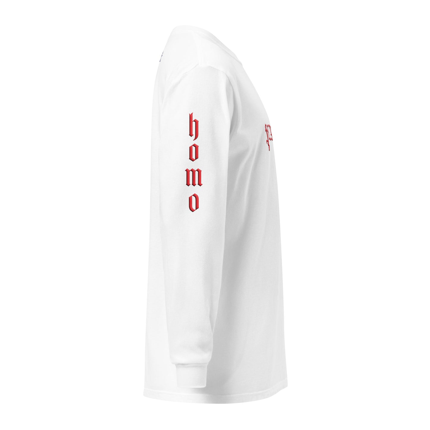 White long-sleeved "FLAMER" in red blackletter, illustrated script, the M styled as a devil's pitchfork — a 12:AM Intuition reclamation of a slur, designed to go all out. Down the right arm reads "homo", down the left arm reads "sexual". Side view, reads "homo".