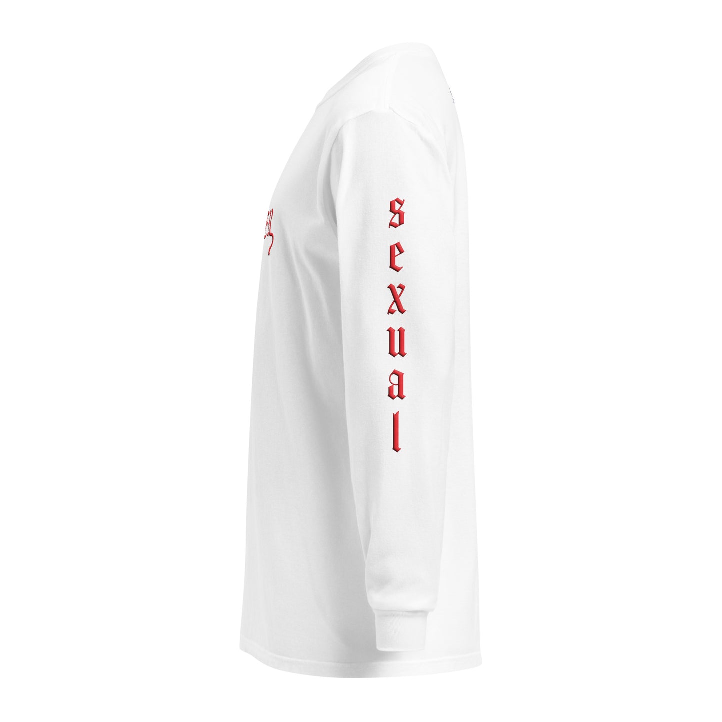 White long-sleeved "FLAMER" in red blackletter, illustrated script, the M styled as a devil's pitchfork — a 12:AM Intuition reclamation of a slur, designed to go all out. Down the right arm reads "homo", down the left arm reads "sexual". Side view, reads "sexual".