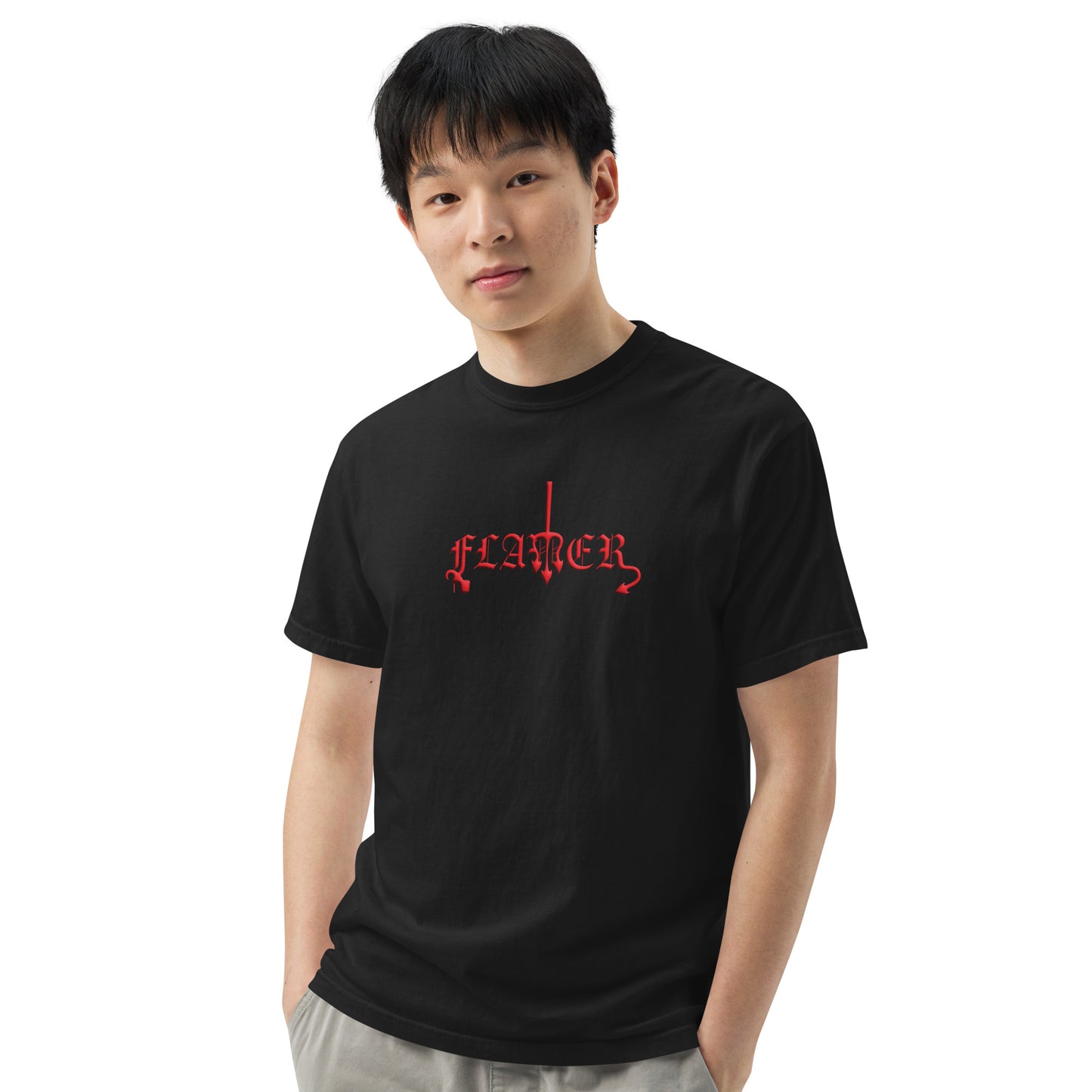Black t-shirt with "FLAMER" in red blackletter, illustrated script, the M styled as a devil's pitchfork — a 12:AM Intuition reclamation of a slur, designed to go all out. On model. 