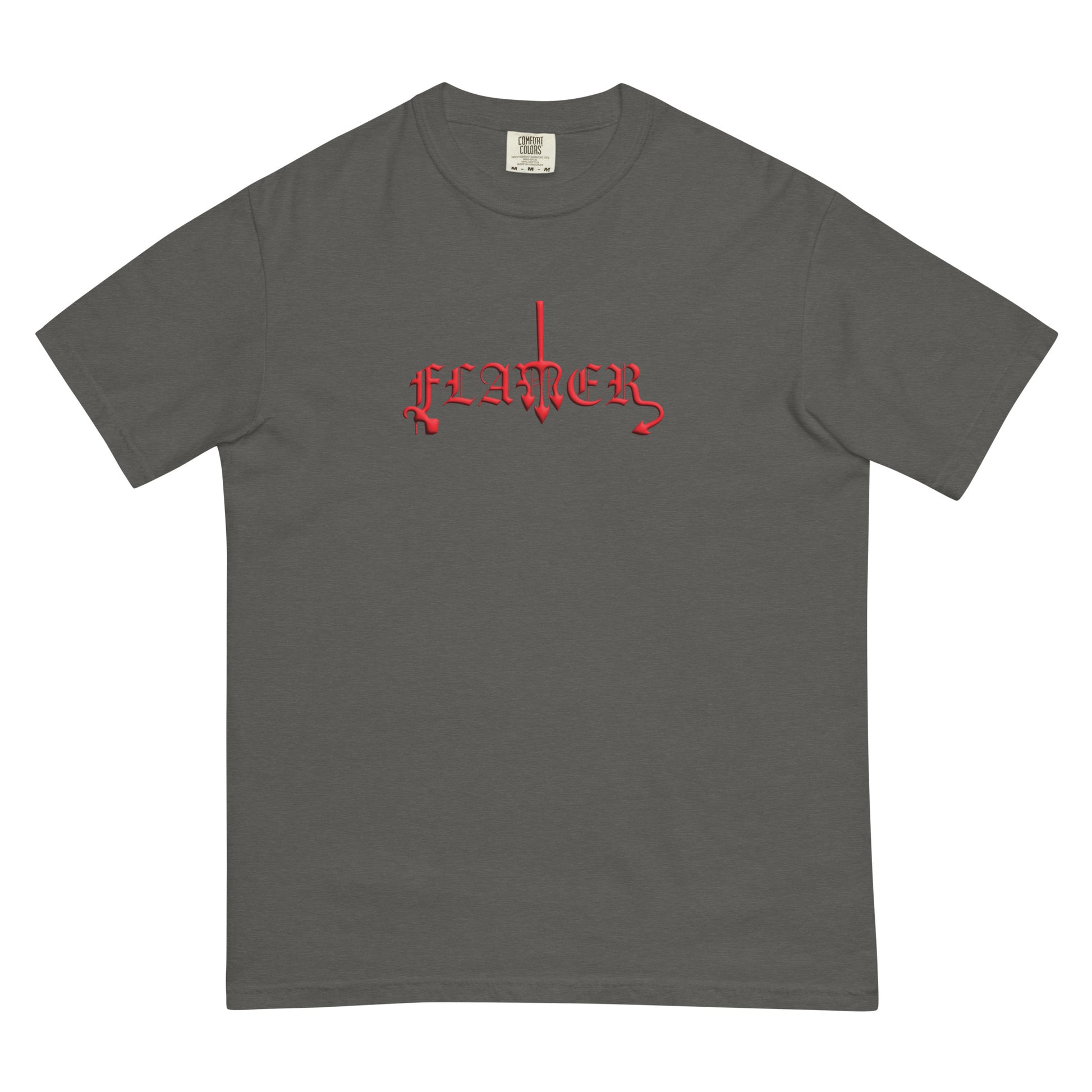 Pepper t-shirt with "FLAMER" in red blackletter, illustrated script, the M styled as a devil's pitchfork — a 12:AM Intuition reclamation of a slur, designed to go all out. 