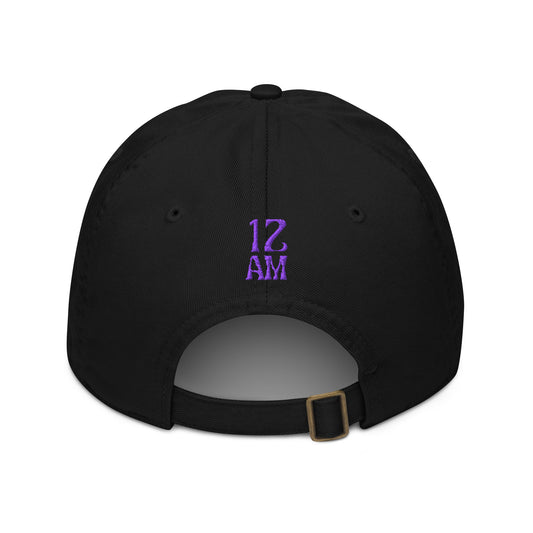 Black dad hat embroidered with the words "FUTURE VIA PAST" in stylized blue lettering, a 12:AM Intuition design. We are shaped by everything behind us. Look forward, while remembering the past. Back view with purple logo.