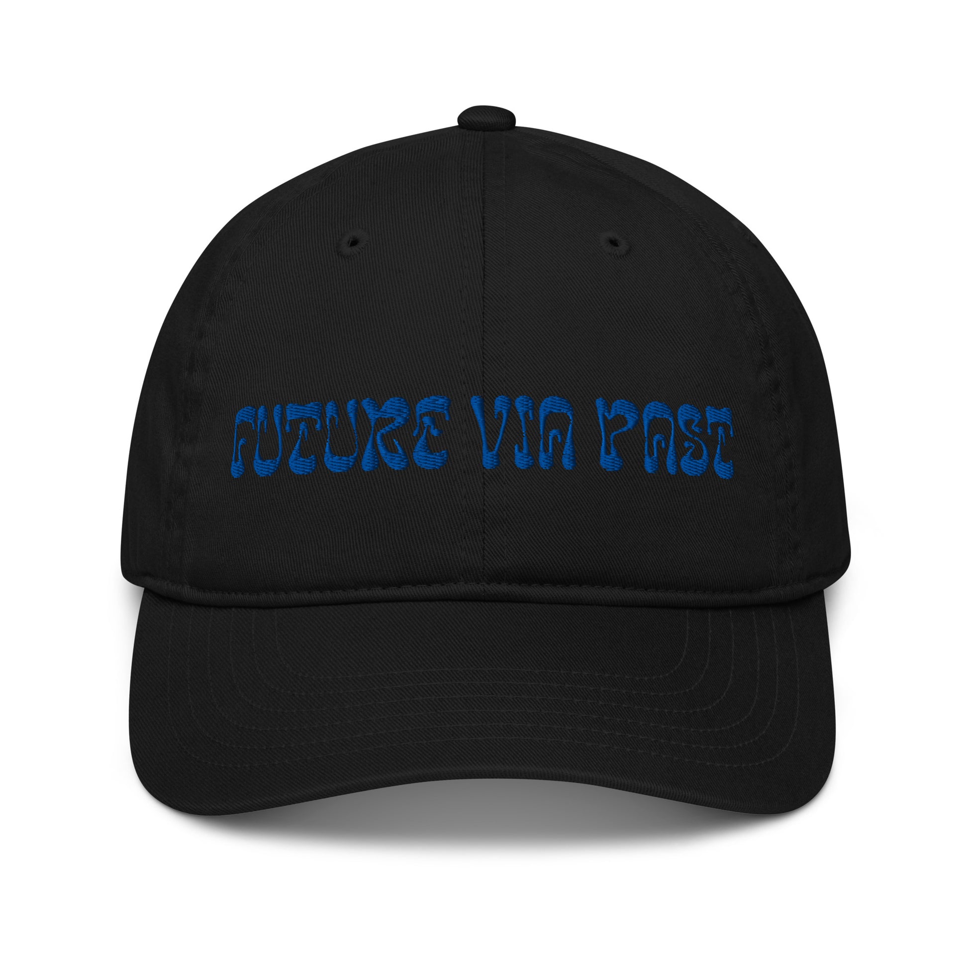 Black dad hat embroidered with the words "FUTURE VIA PAST" in stylized blue lettering, a 12:AM Intuition design. We are shaped by everything behind us. Look forward, while remembering the past.