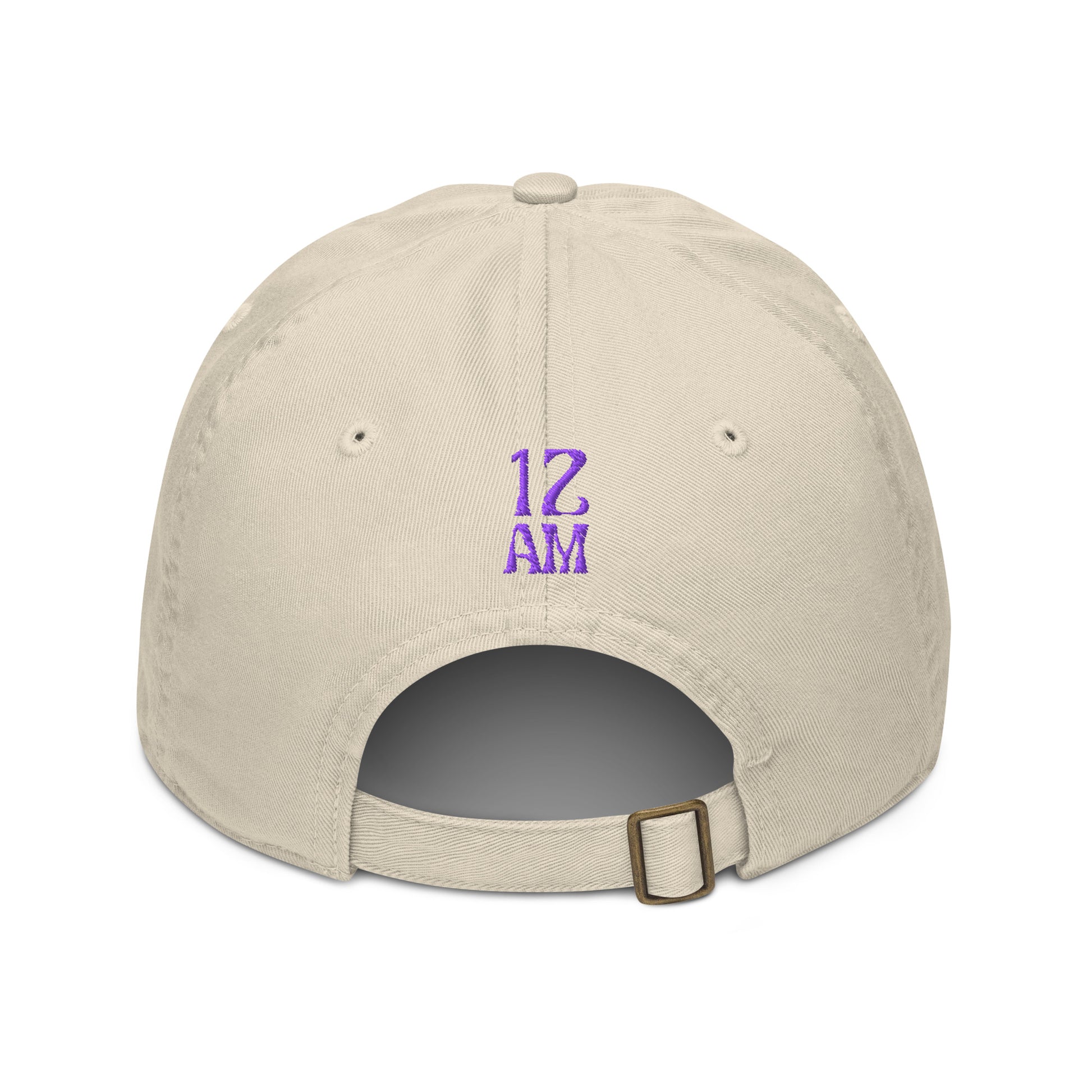 Oyster dad hat embroidered with the words "FUTURE VIA PAST" in stylized blue lettering, a 12:AM Intuition design. We are shaped by everything behind us. Look forward, while remembering the past. Back view with purple logo.