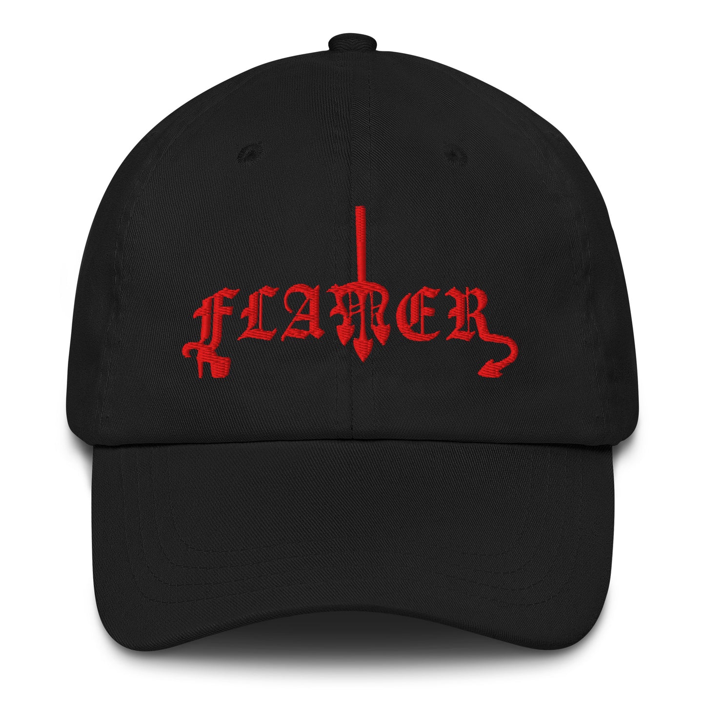 Black, classic dad hat featuring the word ‘Flamer’ in a bold, illustrative typeface. Reclaiming the phrase “flaming gay,” this design leans into a devil-mascot aesthetic to celebrate every queer who refuses to dim their fire. Designed by a small LGBTQ+ owned business. Front of hat.
