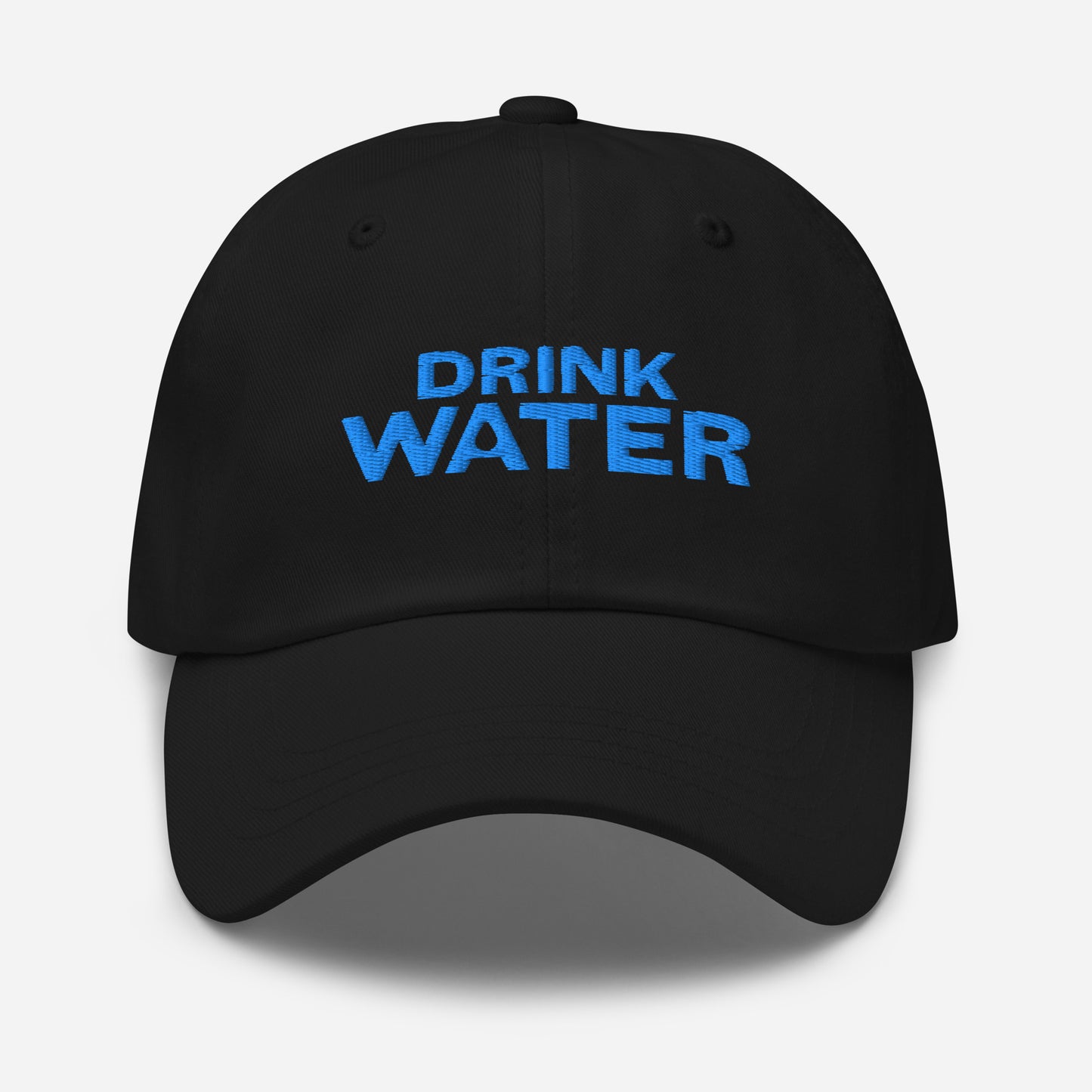 Black, classic dad hat with bright blue text that reads ‘DRINK WATER’ designed by queer creators to express the need to remember to stay hydrated. Designed by a small LGBTQ+ owned business. Front of hat.