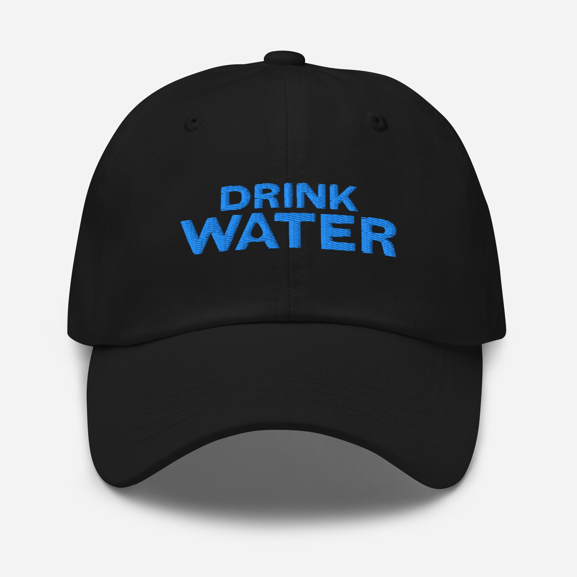 Black, classic dad hat with bright blue text that reads ‘DRINK WATER’ designed by queer creators to express the need to remember to stay hydrated. Designed by a small LGBTQ+ owned business. Front of hat.