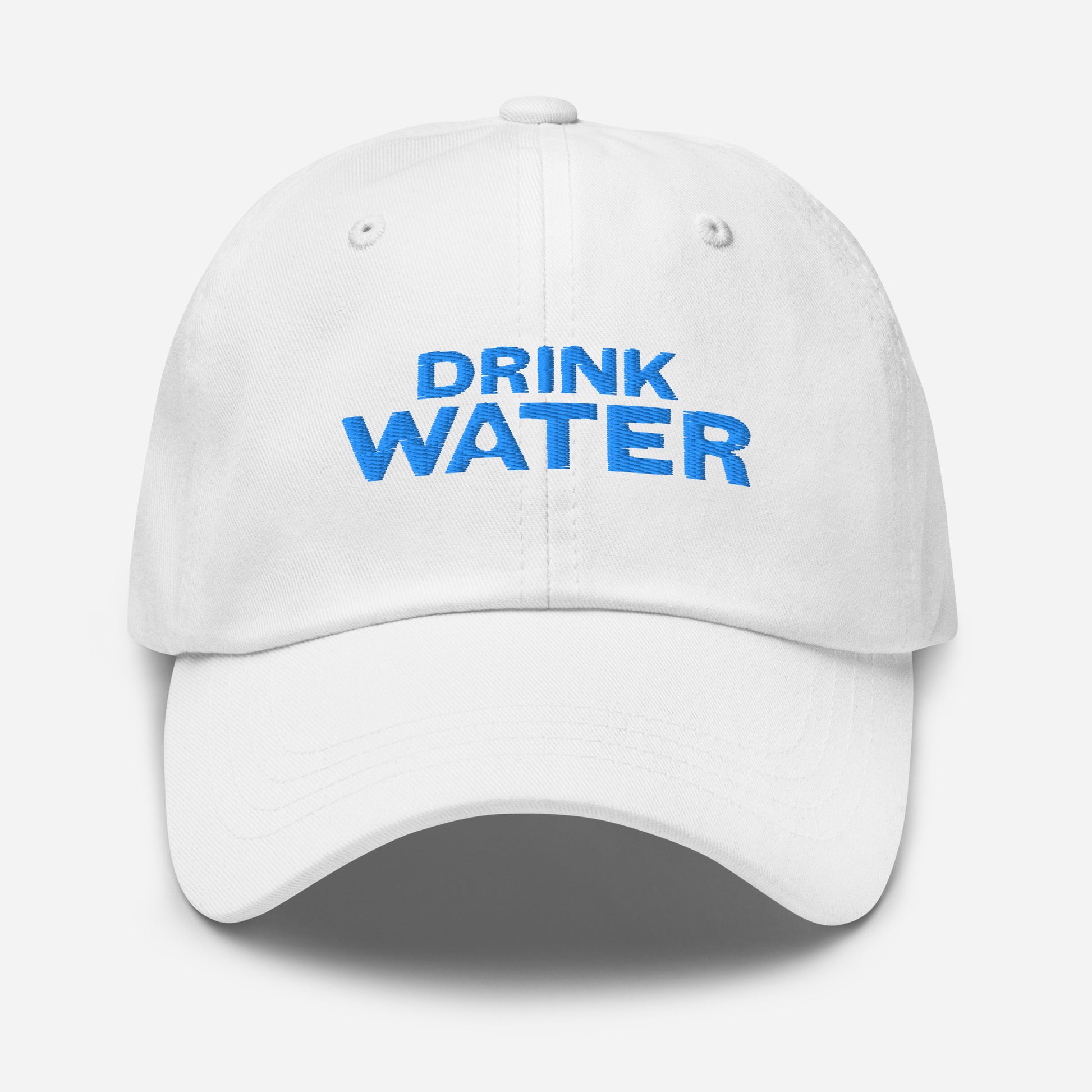 White, classic dad hat with bright blue text that reads ‘DRINK WATER’ designed by queer creators to express the need to remember to stay hydrated. Designed by a small LGBTQ+ owned business. Front of hat.