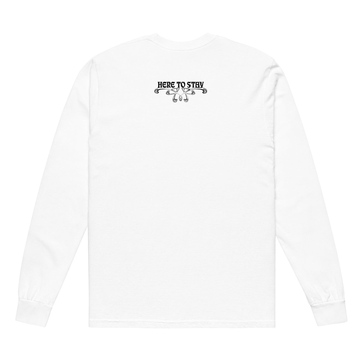 White, long-sleeve shirt. Featuring the phrase ‘Queer existence is the agenda’ on the front, ‘here to stay’ on the back. Design is in black, with a butterfly design on the front and an abstract design on the back. Design is in contrast to legislation that is based on eraser of queer people. Designed by a small LGBTQ+ owned business. Back of shirt. 