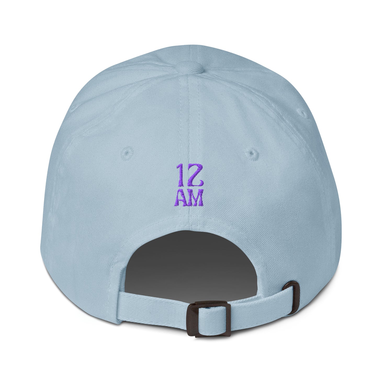 Back view of light blue dad hat showing embroidered 12AM Intuition logo, logo in purple, hat not worn or modeled. Drink water design.