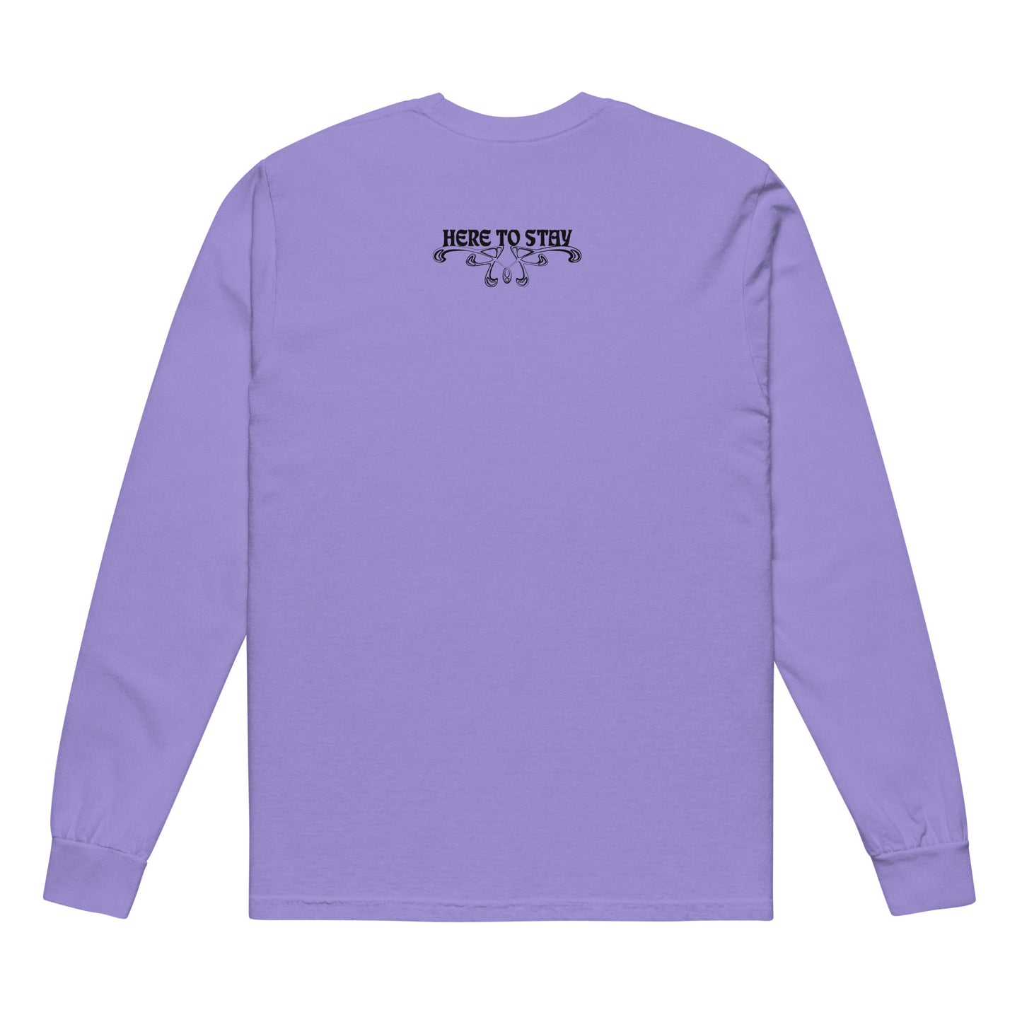 Violet, long-sleeve shirt. Featuring the phrase ‘Queer existence is the agenda’ on the front, ‘here to stay’ on the back. Design is in black, with a butterfly design on the front and an abstract design on the back. Design is in contrast to legislation that is based on eraser of queer people. Designed by a small LGBTQ+ owned business. Back of shirt. 