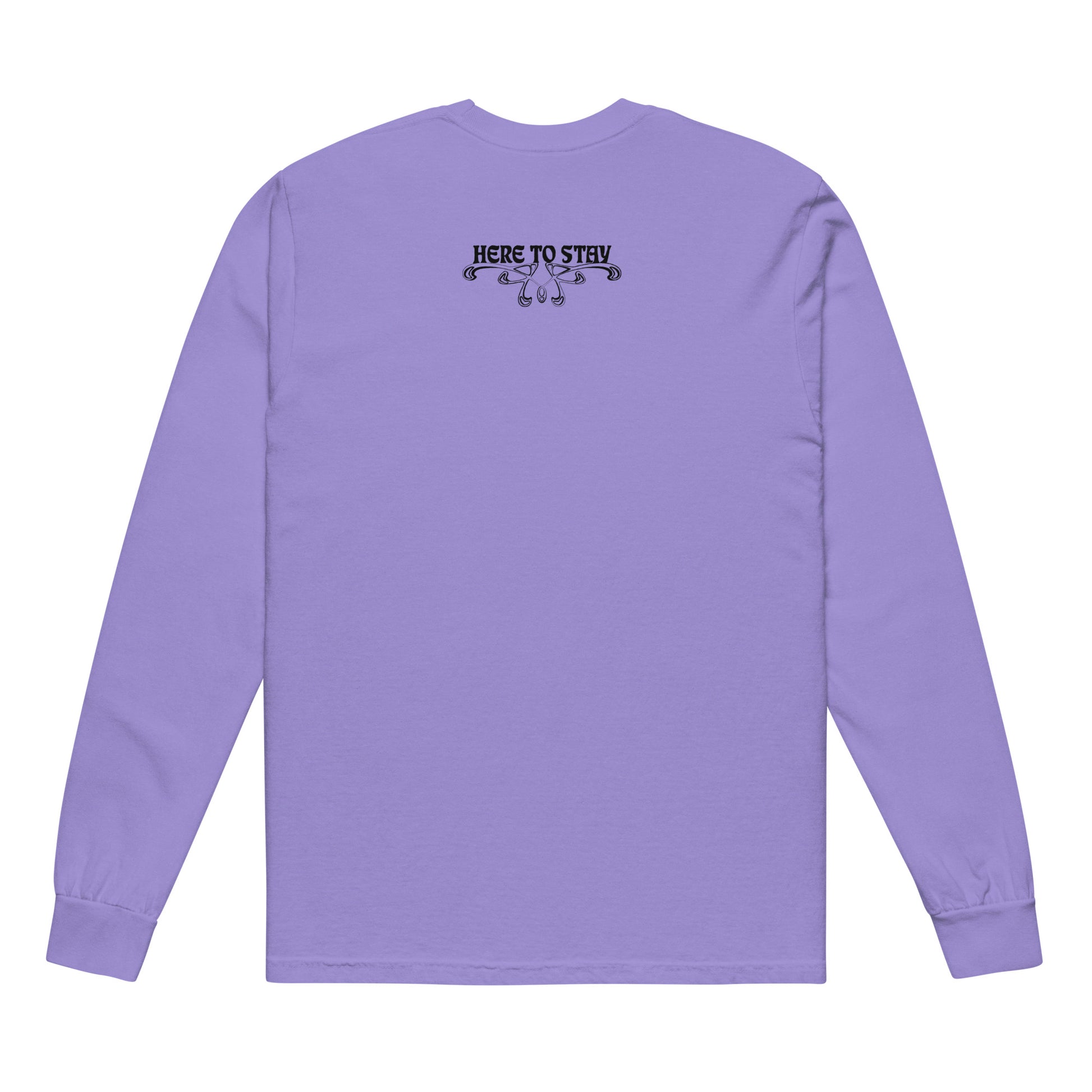 Violet, long-sleeve shirt. Featuring the phrase ‘Queer existence is the agenda’ on the front, ‘here to stay’ on the back. Design is in black, with a butterfly design on the front and an abstract design on the back. Design is in contrast to legislation that is based on eraser of queer people. Designed by a small LGBTQ+ owned business. Back of shirt. 
