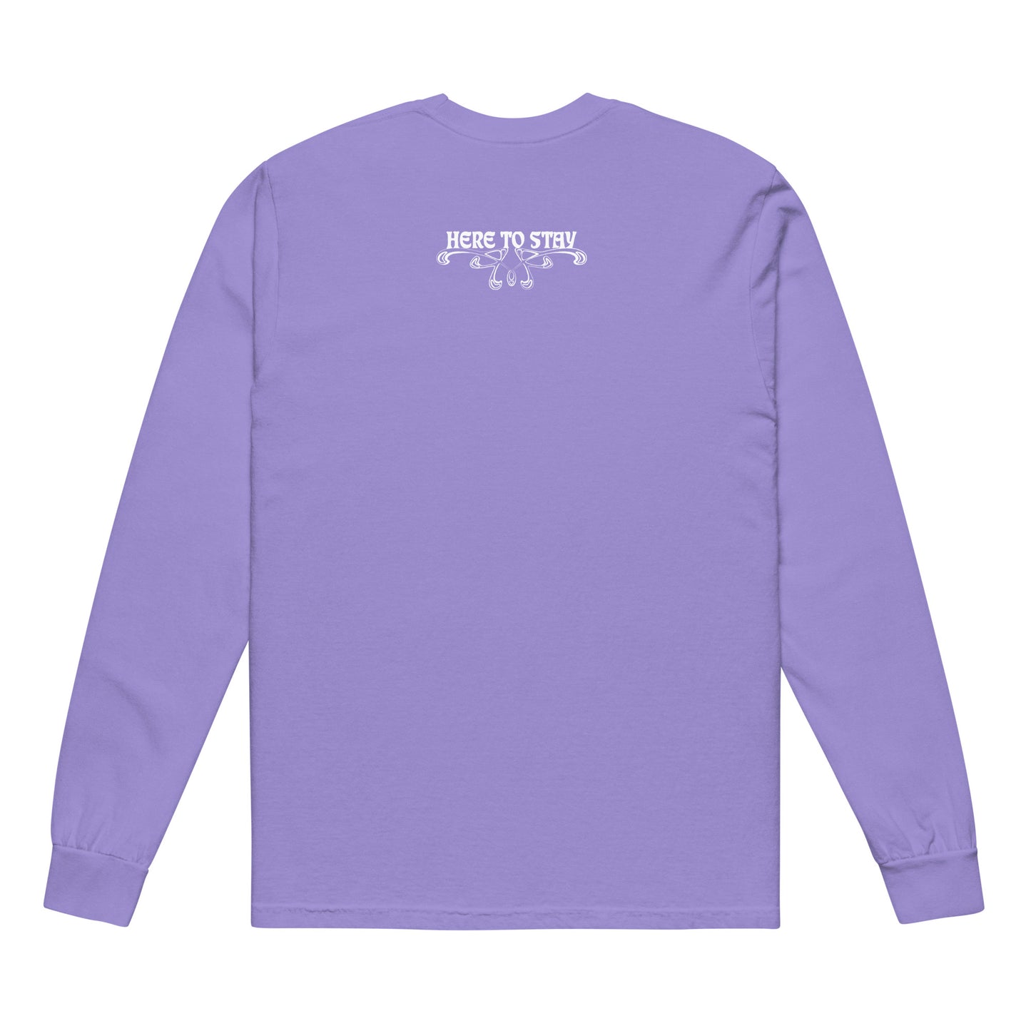 Violet, long-sleeve shirt. Featuring the phrase ‘Queer existence is the agenda’ on the front, ‘here to stay’ on the back. Design is in white, with a butterfly design on the front and an abstract design on the back. Design is in contrast to legislation that is based on eraser of queer people. Designed by a small LGBTQ+ owned business. Back of shirt. 