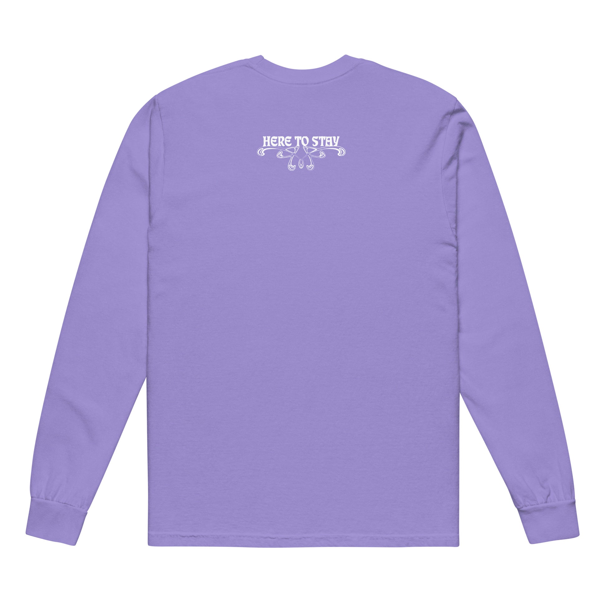 Violet, long-sleeve shirt. Featuring the phrase ‘Queer existence is the agenda’ on the front, ‘here to stay’ on the back. Design is in white, with a butterfly design on the front and an abstract design on the back. Design is in contrast to legislation that is based on eraser of queer people. Designed by a small LGBTQ+ owned business. Back of shirt. 