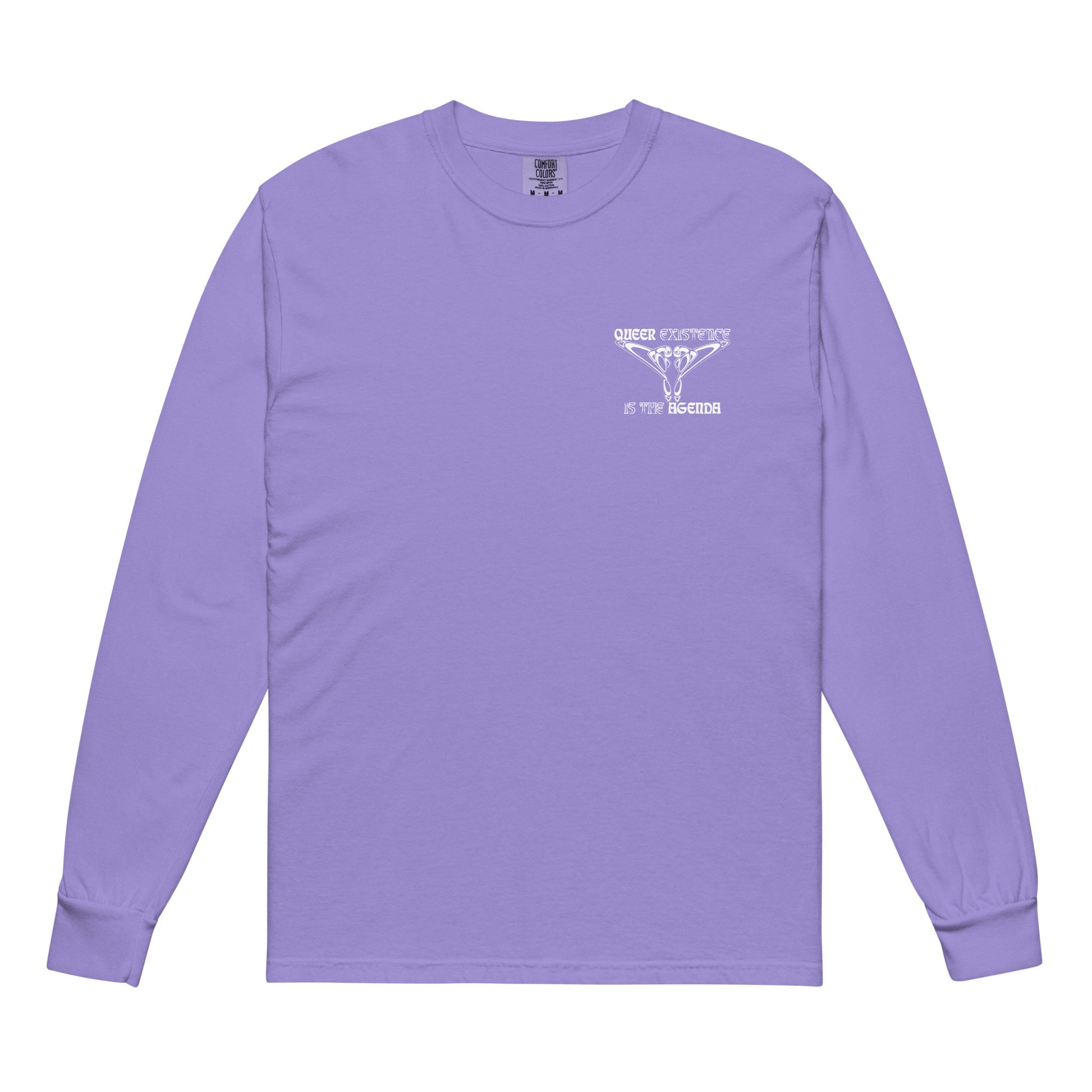 Violet, long-sleeve shirt. Featuring the phrase ‘Queer existence is the agenda’ on the front, ‘here to stay’ on the back. Design is in white, with a butterfly design on the front and an abstract design on the back. Design is in contrast to legislation that is based on eraser of queer people. Designed by a small LGBTQ+ owned business. Front of shirt. 