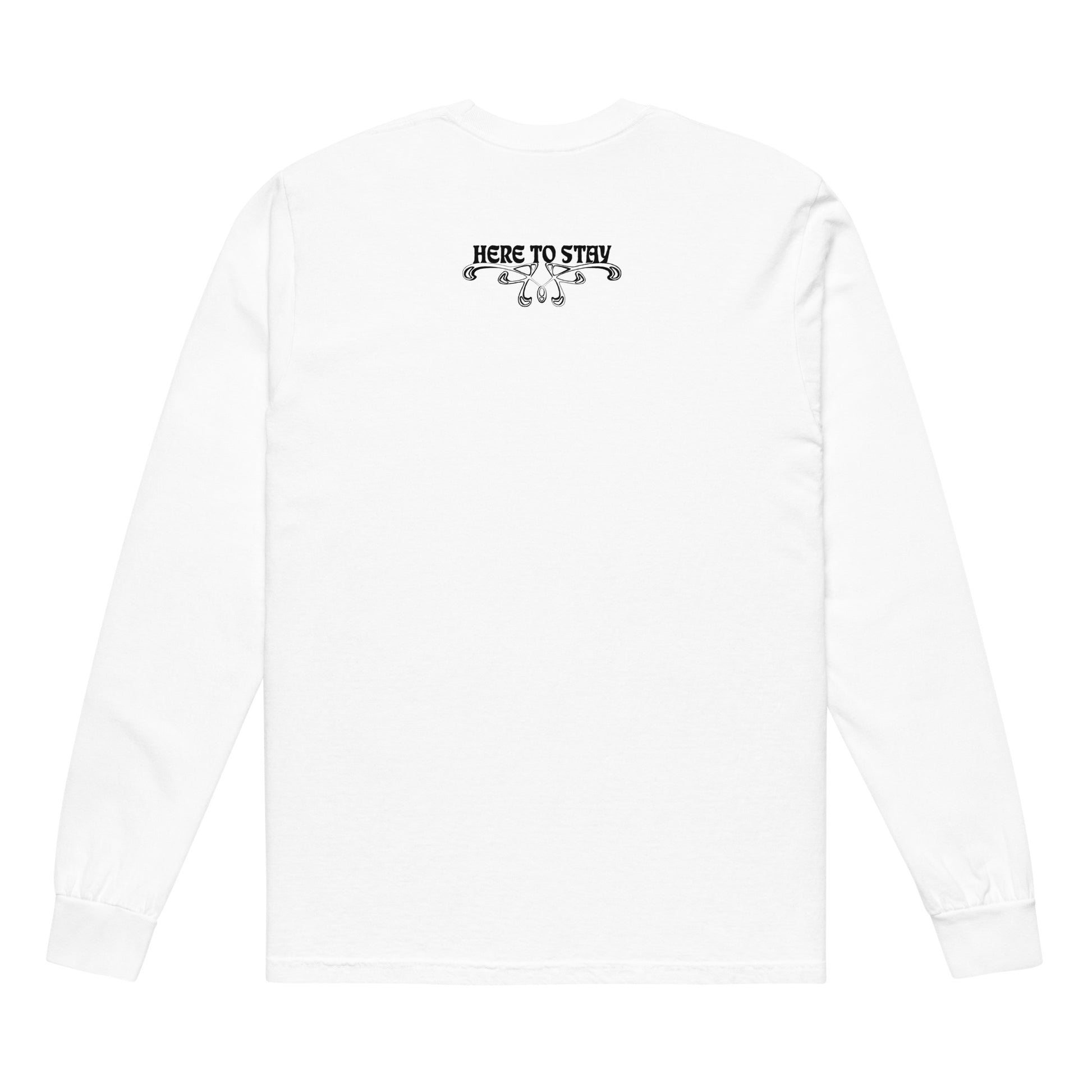 White, long-sleeve shirt. Featuring the phrase ‘Queer existence is the agenda’ on the front, ‘here to stay’ on the back. Design is in black, with a butterfly design on the front and an abstract design on the back. Design is in contrast to legislation that is based on eraser of queer people. Designed by a small LGBTQ+ owned business. Back of shirt. 