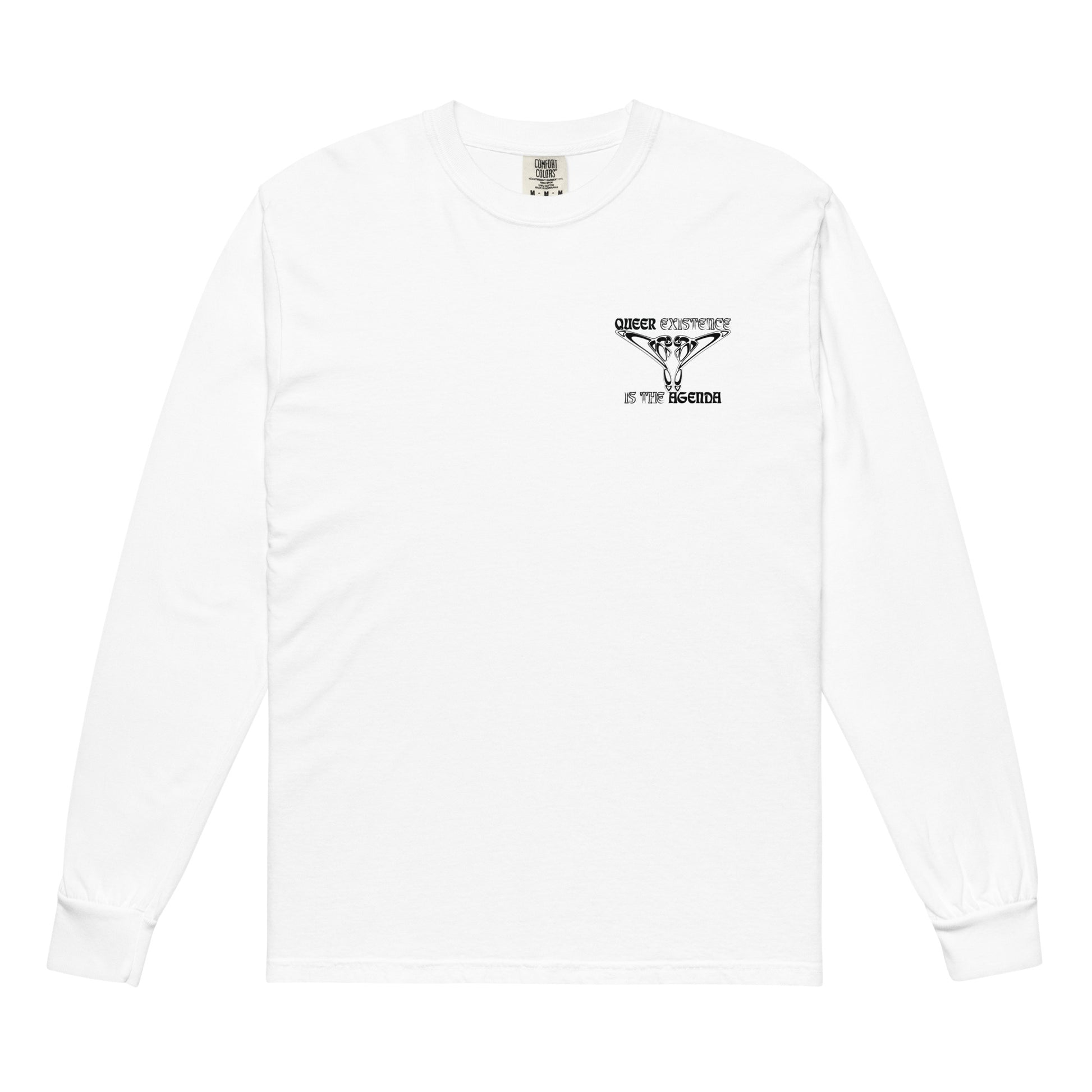 White, long-sleeve shirt. Featuring the phrase ‘Queer existence is the agenda’ on the front, ‘here to stay’ on the back. Design is in black, with a butterfly design on the front and an abstract design on the back. Design is in contrast to legislation that is based on eraser of queer people. Designed by a small LGBTQ+ owned business. Front of shirt. 