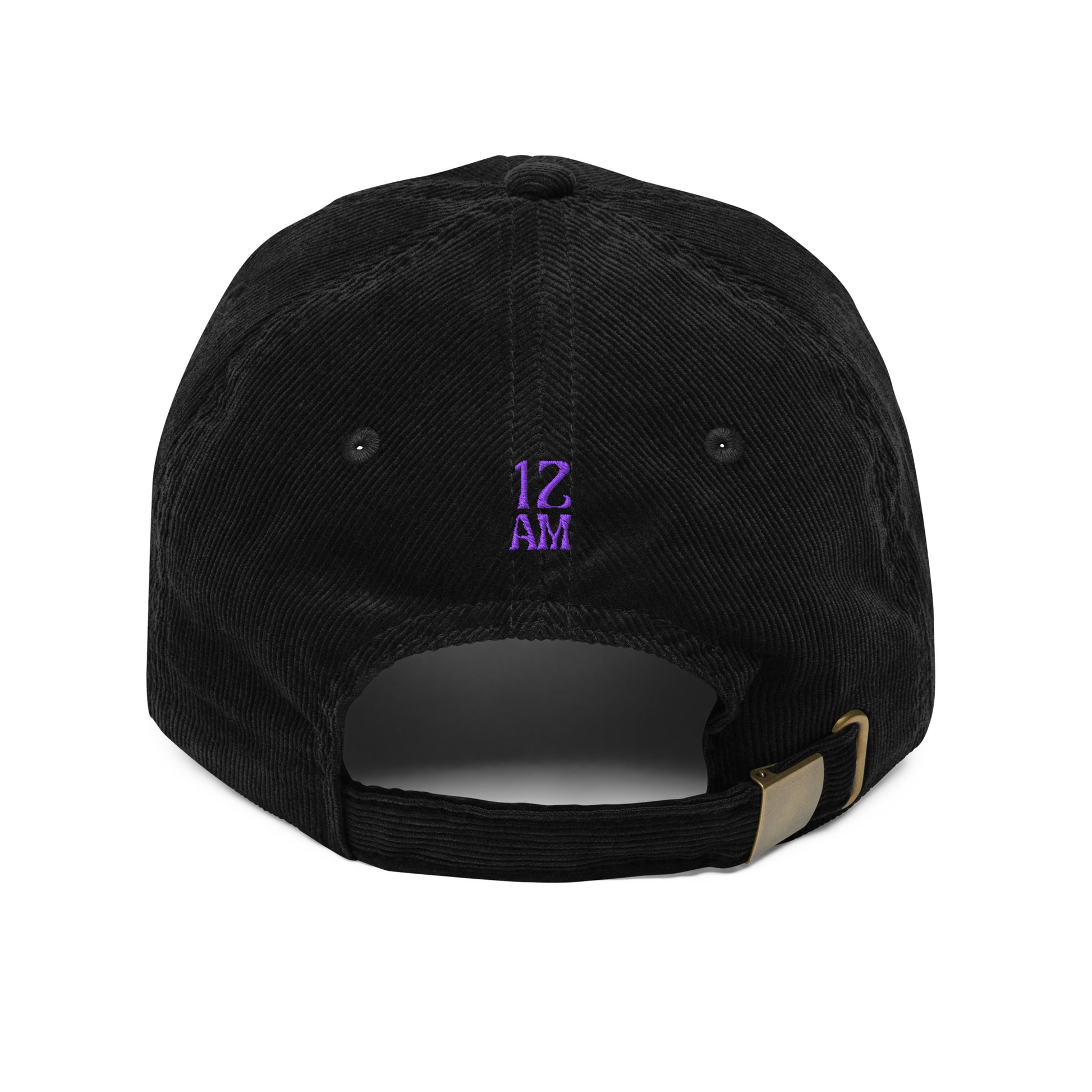 Black, vintage corduroy dad hat embroidered with "messy" in white stylized lettering — a 12:AM Intuition design for the beautifully complicated. Back of hat with purple 12AM logo.