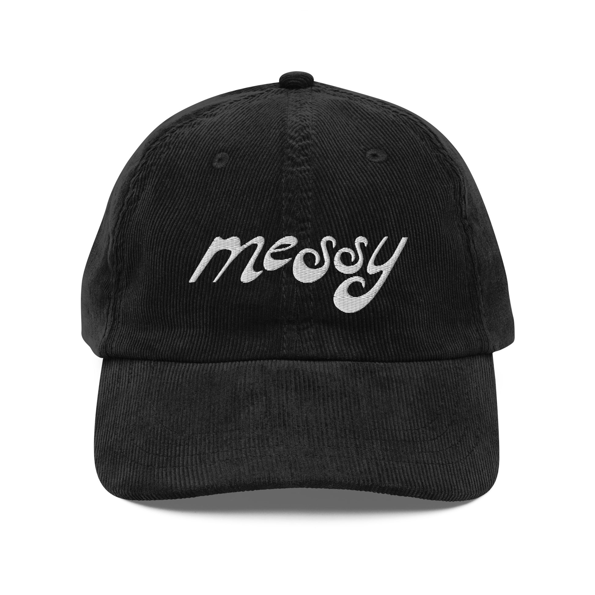 Black, vintage corduroy dad hat embroidered with "messy" in white stylized lettering — a 12:AM Intuition design for the beautifully complicated. 
