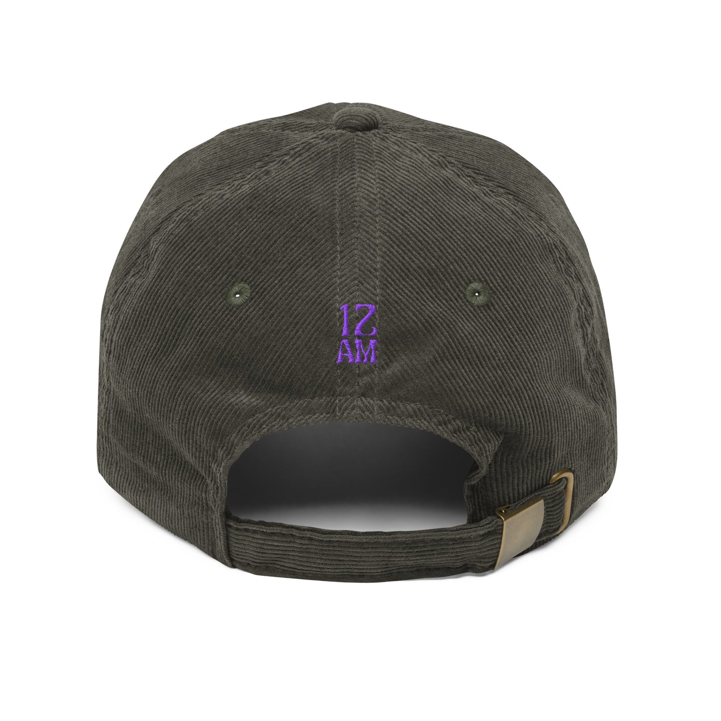 Olive, vintage corduroy dad hat embroidered with "messy" in white stylized lettering — a 12:AM Intuition design for the beautifully complicated. Back of hat with purple 12AM logo.