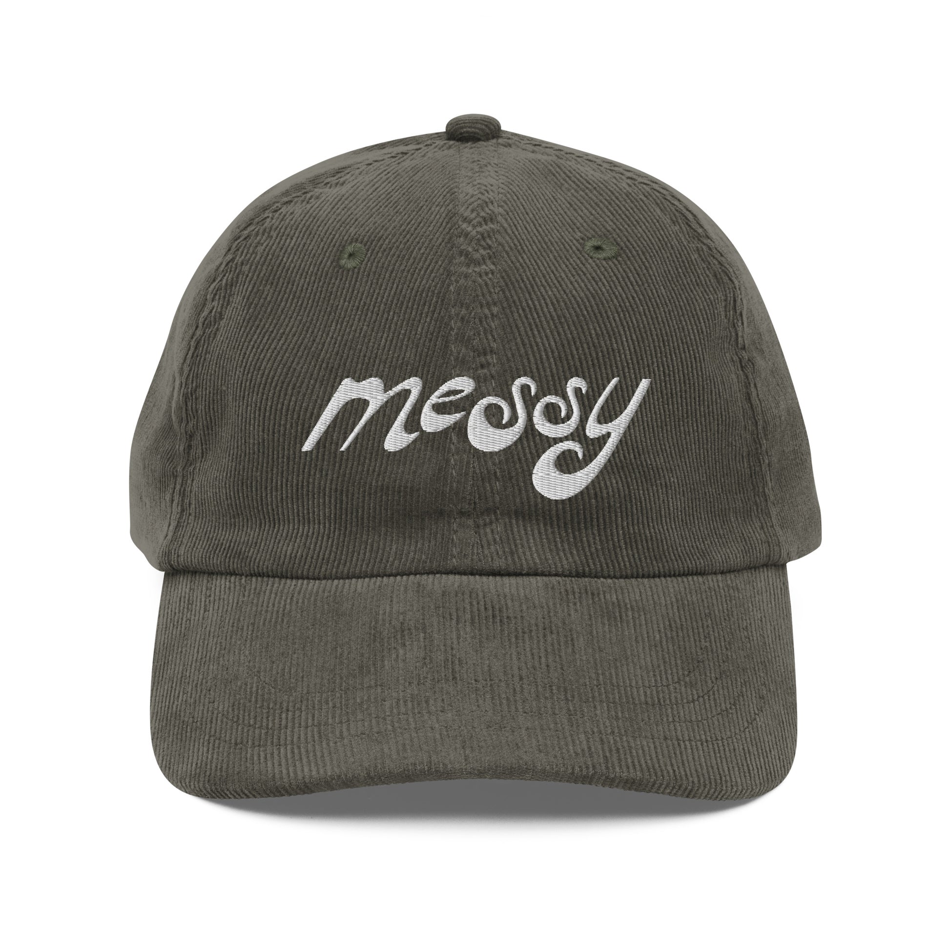 Vintage olive corduroy dad hat embroidered with "messy" in white stylized lettering — a 12:AM Intuition design for the beautifully complicated.