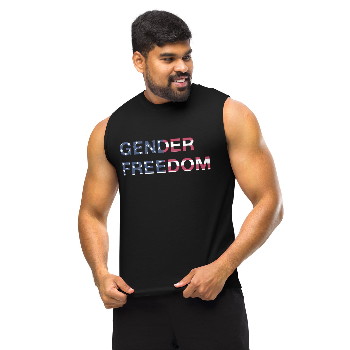 Black, muscle shirt featuring the phrase 'Gender Freedom’ over the American flag honoring the First Amendment and the patriotic right to express identity, speak truth, and live freely in the land of liberty. Designed by a small LGBTQ+ owned business. Front of shirt on model.