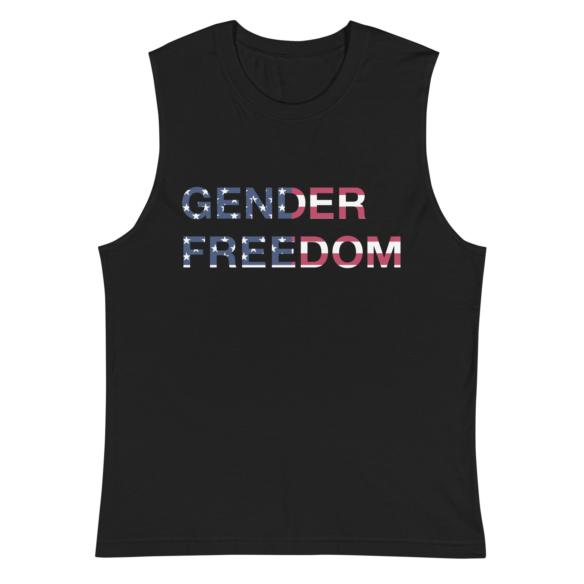 Black, muscle shirt featuring the phrase 'Gender Freedom’ over the American flag honoring the First Amendment and the patriotic right to express identity, speak truth, and live freely in the land of liberty. Designed by a small LGBTQ+ owned business. Front of shirt.