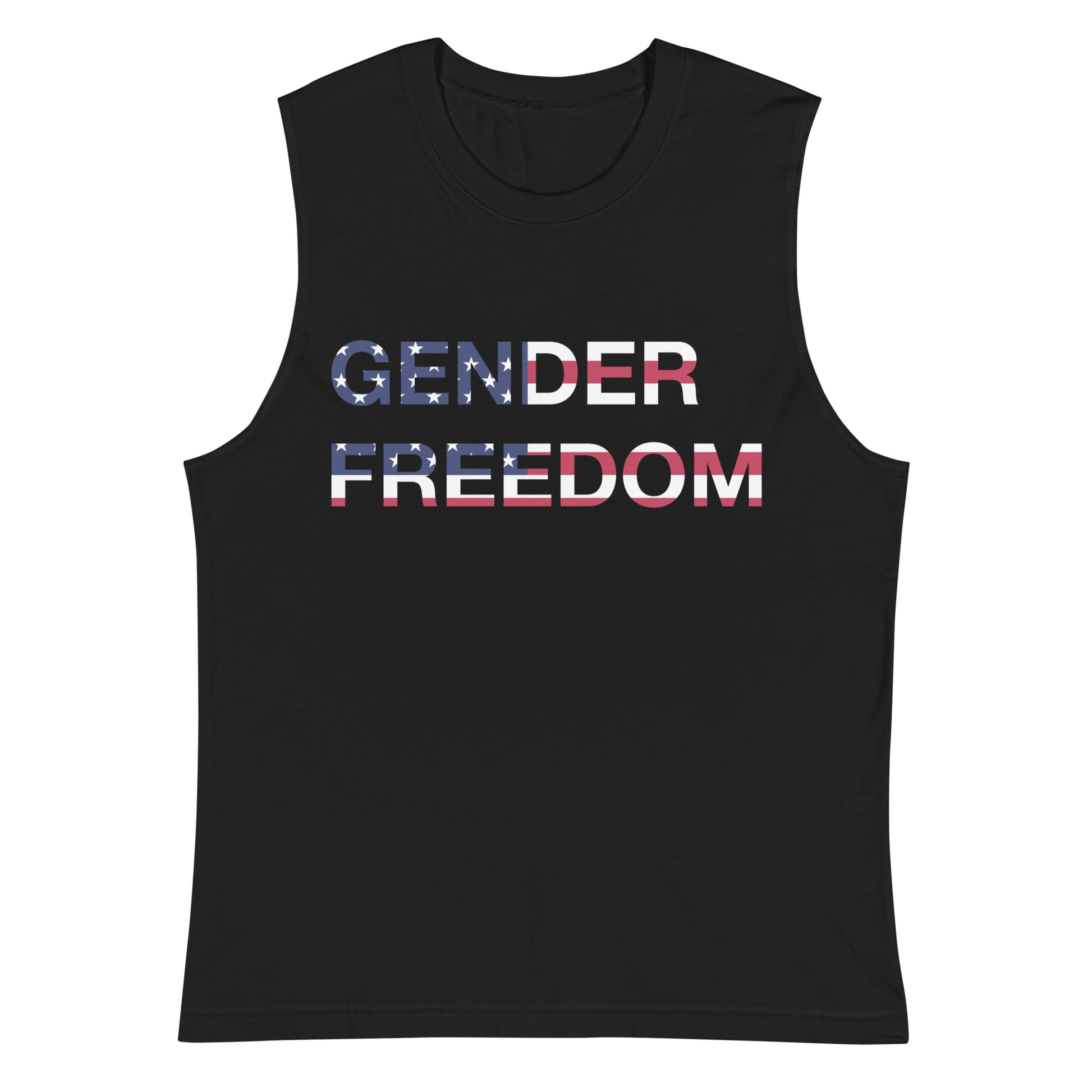 Black, muscle tank featuring the phrase 'Gender Freedom’ over the American flag honoring the First Amendment and the patriotic right to express identity, speak truth, and live freely in the land of liberty. Designed by a small LGBTQ+ owned business. Front of shirt