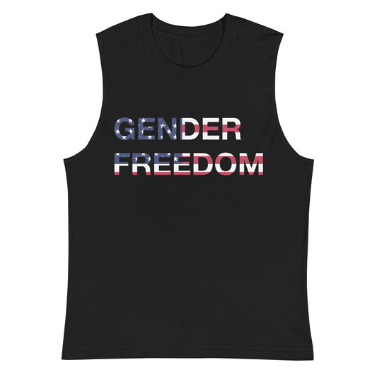 Black, muscle tank featuring the phrase 'Gender Freedom’ over the American flag honoring the First Amendment and the patriotic right to express identity, speak truth, and live freely in the land of liberty. Designed by a small LGBTQ+ owned business. Front of shirt