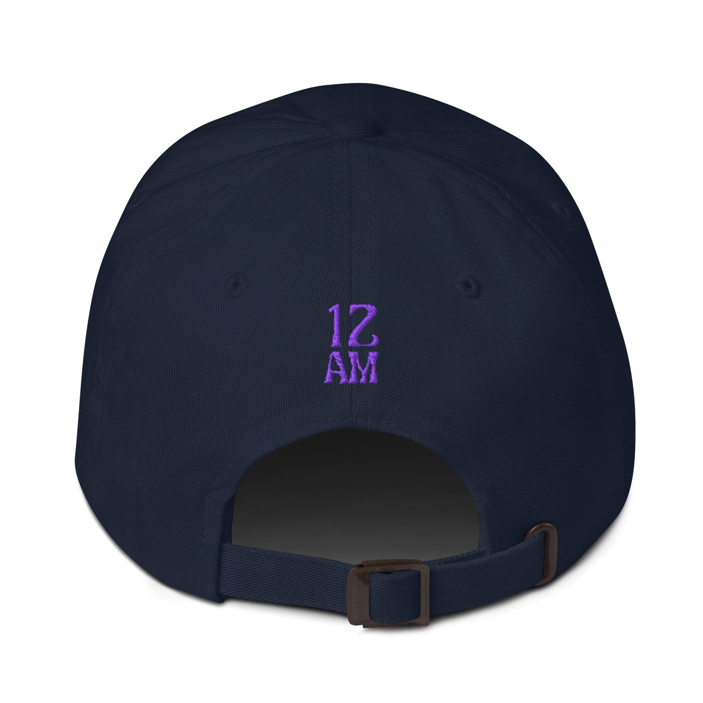 Back view of navy dad hat showing embroidered 12AM Intuition logo, logo in purple, hat not worn or modeled. Drink water design.