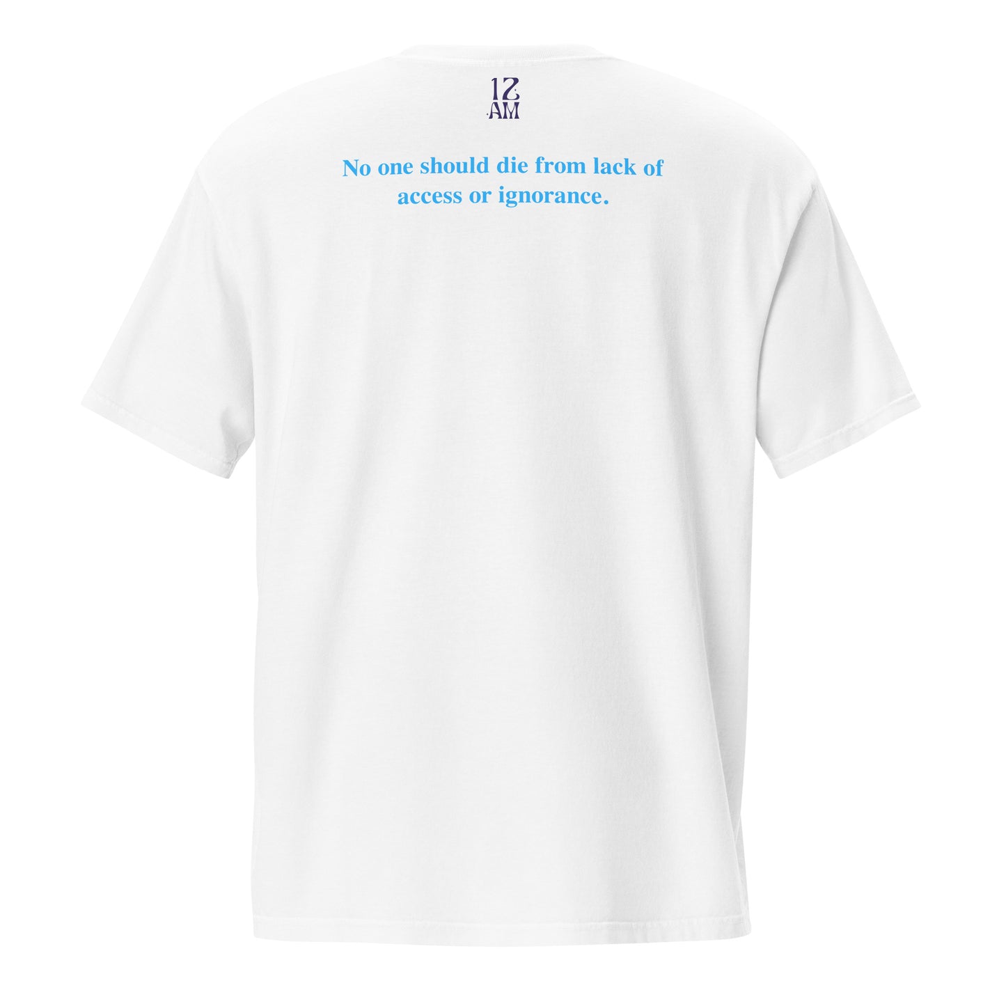 White, pocket t-shirt featuring a ‘PrEP’ design styled in Ivy League-inspired type with quote 'No one should die from lack of access or ignorance' on the back. Designed by queer creators to promote HIV awareness and access to PrEP through unapologetic activism and education. Designed by a small LGBTQ+ owned business. Back of shirt.
